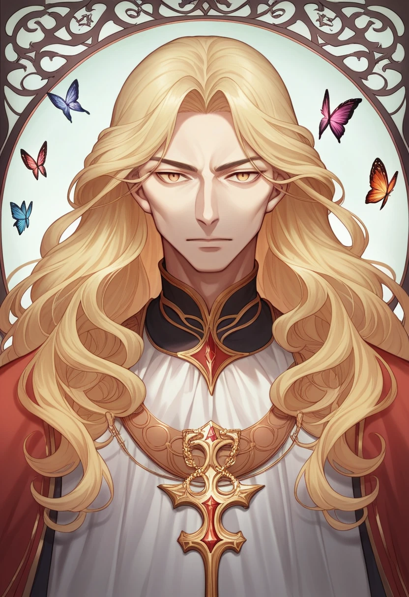 ‪ (masterpiece, 8K, Absurd, Digital Art, Digital Illustration, Realistic, Very detailed, Realistic lighting), (Perfect Face, Perfect Eyes, Perfect body), male,1 person, Adult,male的な,Close-up of a long-haired person and butterflies, Portrait of the Magical Blonde Prince, ((Beautiful Fantasy Empress)), Beautiful androgynous prince, A delicate androgynous prince, anime key visual of elegant, Long, flowing, gorgeous blonde hair, Anime Art Nouveau Space Display, Detailed Key Anime Art, Shadowverse Style, Flowing hair and long robes