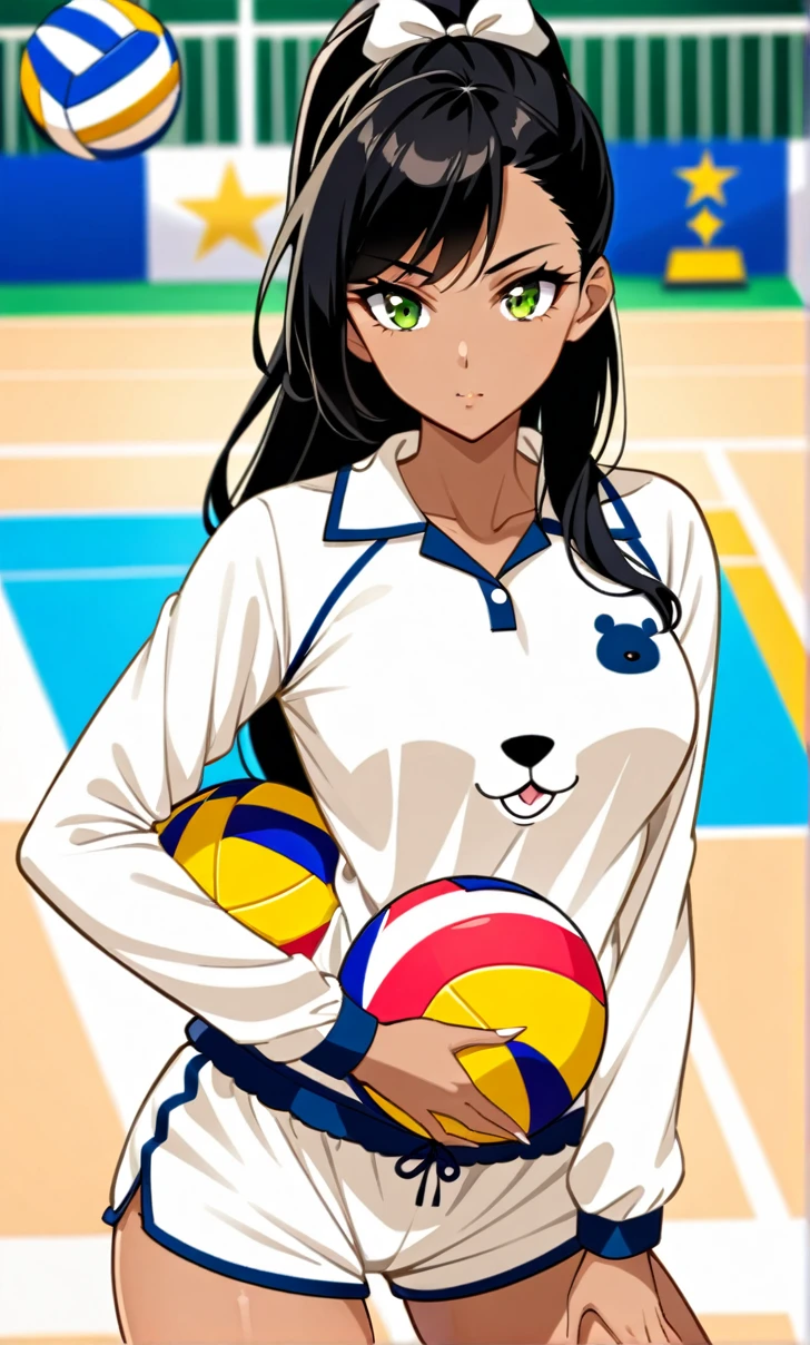 Woman, Athletic and toned body, light skin tone, long black hair tied in a ponytail, green eyes with a penetrating and seductive look, breasts big, exciting look, white bear pajamas, short shorts and a top showing off a defined tummy, she is on a volleyball court, cute pose