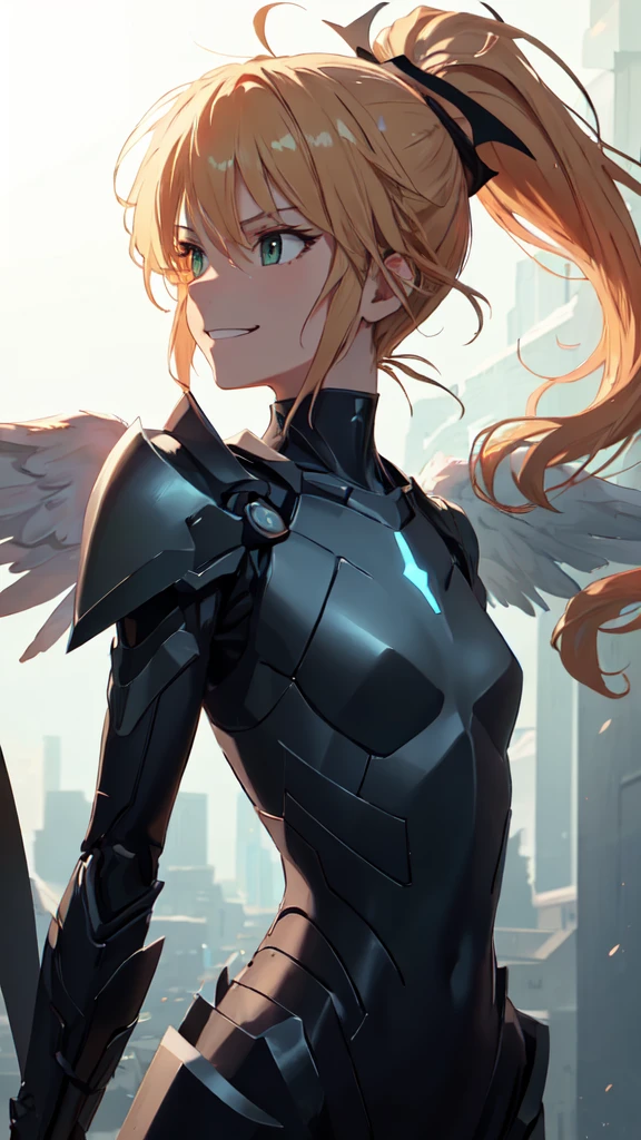 masterpiece, best quality, (detailed anime, video game art, extremely detailed CG unity 8k wallpaper), (best quality), (best illustration), (best shadow), absurdres, realistic lighting, (Abyss), beautiful detailed glow, anime, solo, 1girl, upper body shot, (mordred:0.89), female, feminine, blonde hair, green eyes, ponytail, tomboy, long hair, (dynamic pose, attack stance, angel warrior,black aura angel wings, smirk:1.03), messy hair, royalty warrior, soldier, vicious expression, grin, death glare, kubrick stare, perspective view, (\ ( three quarter profile \ ):0.89), sleek black angular armor, futuristic, war, flames, torrent, burning cape, broken cape, capelet, shoulder cape
