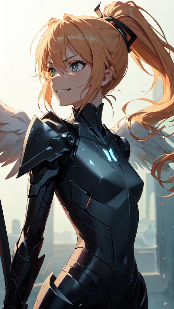 masterpiece, best quality, (detailed anime, video game art, extremely detailed CG unity 8k wallpaper), (best quality), (best illustration), (best shadow), absurdres, realistic lighting, (Abyss), beautiful detailed glow, anime, solo, 1girl, upper body shot, (mordred:0.89), female, feminine, blonde hair, green eyes, ponytail, tomboy, long hair, (dynamic pose, attack stance, angel warrior,black aura angel wings, smirk:1.03), messy hair, royalty warrior, soldier, vicious expression, grin, death glare, kubrick stare, perspective view, (\ ( three quarter profile \ ):0.89), sleek black angular armor, futuristic, war, flames, torrent, burning cape, broken cape, capelet, shoulder cape