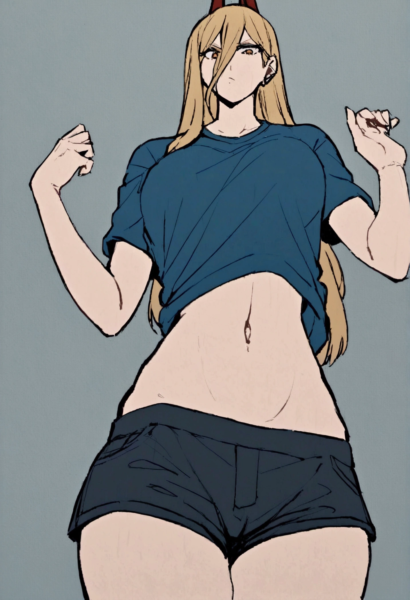 power, wearing a blue jacket, a small black sports shirt showing her stomach, and short shorts.