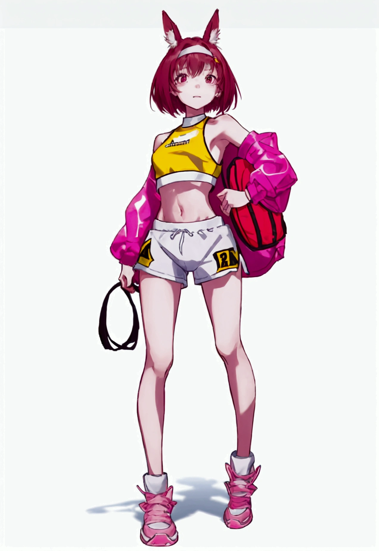 Create an illustration of a young kangaroo-human hybrid girl with a cute appearance. She wears a sporty outfit, including a tank top and shorts, and her clothing features pouches reminiscent of a kangaroo’s. The background is set in a boxing ring or a training gym, emphasizing her athletic nature, and incorporates fractal art elements with a colorful and pop aesthetic.

Her accessories include boxing gloves, showcasing her strength and athleticism. She is depicted in a dynamic pose, either mid-jump or mid-kick, highlighting her agility. Her expression is slightly worried or determined, reflecting her nervous yet lovable personality.

Additional features include soft, short hair that complements her cute and athletic look, slightly elongated ears blending human and kangaroo traits, and a tail visible behind her, perhaps slightly curled or in motion to show her alertness.