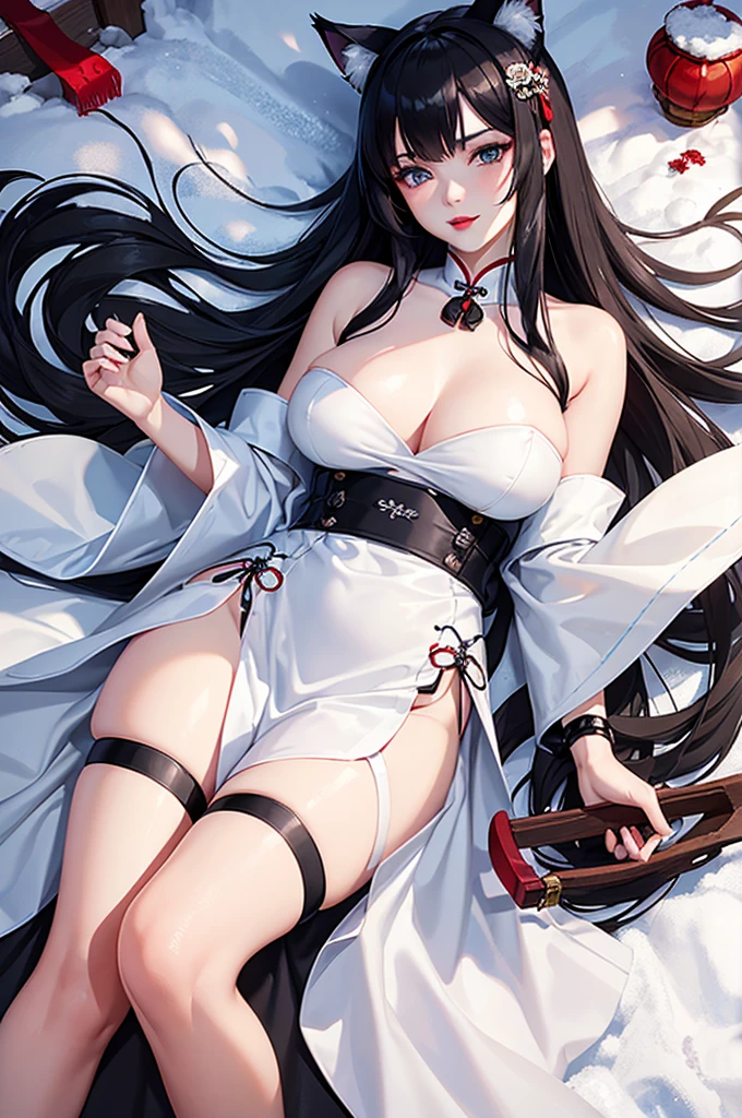 Detailed facial details，16 years old，1 girl，Red lips，Cat ear，Black long hair，Wearing snow-white lace pajamas，Large Breasts，Slim，Handcuffs，Collar，Radiant Skin，Sitting on the bed，bedroom