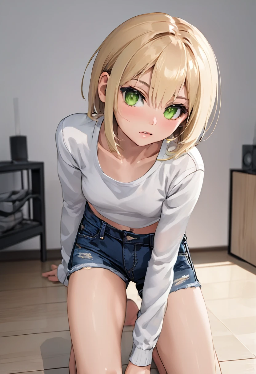 Femboy, Anus glued ,swollen anus, swollen anus,Showing the anus, different angles,full body, Avar ethnic group, blond hair, green eyes, Short Jeans, wearing a Mini Jeans Panties Short Ripped,, Cinematic, Photoshoot, Shot on 25mm lens, Depth of Field, Tilt Blur, Shutter Spee details, super detailed, ambient –uplight –v 4 –q 2
