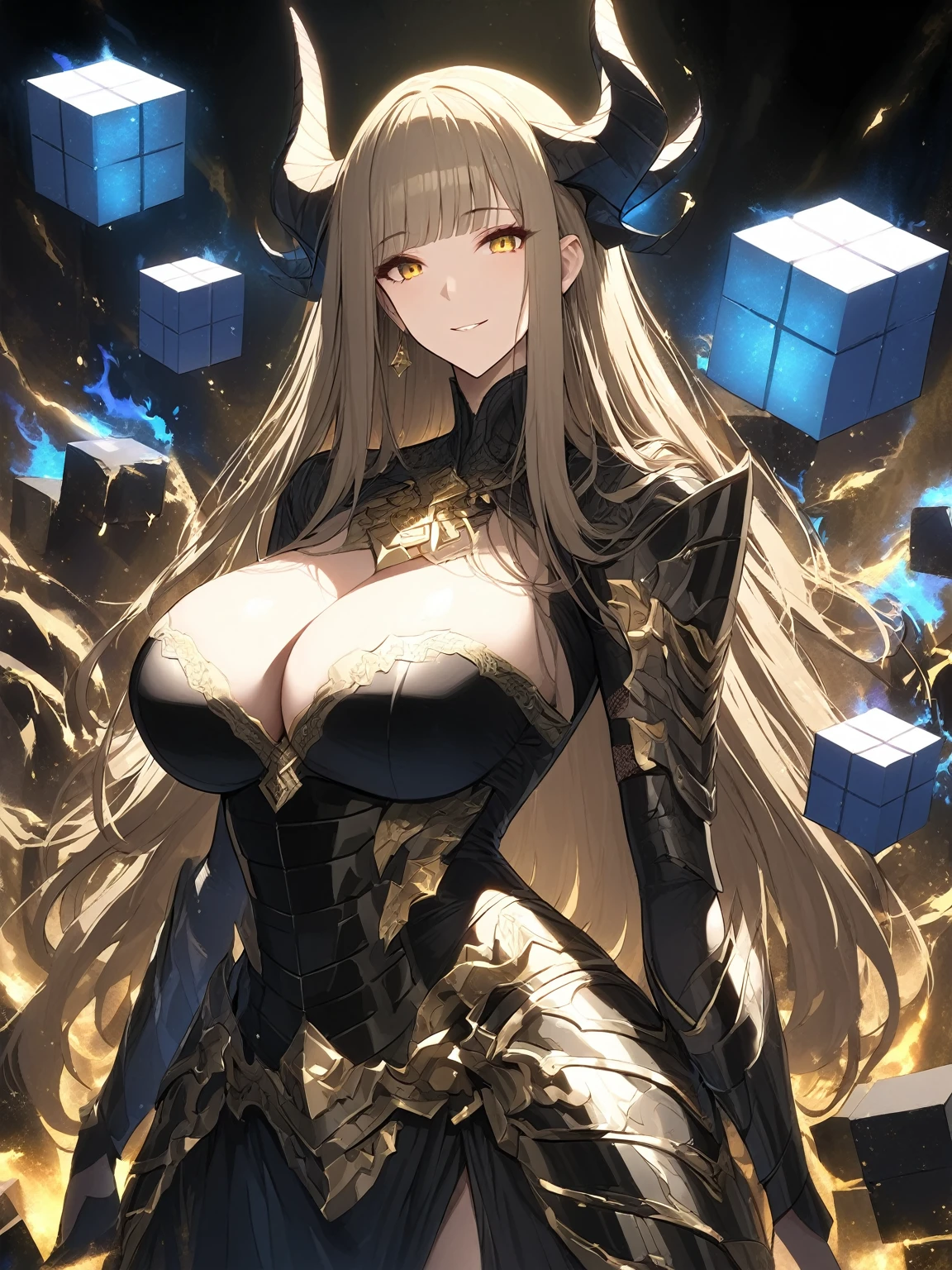 Masterpiece, very detailed, ultra detailed, one, (1 woman), She is in ancient obsidian armor with gold details and in an elegant position, super mature, tall, milf style, mature mother, long hair, light brown hair, straight hair and smooth straight bangs, black thin draconian horns, beautiful, charming, dragon bright golden eyes, elegant, big breasts, lustful smile, charming, six press cubes, dark background, terrifying environment and around her sandy-golden atmosphere and aura.
