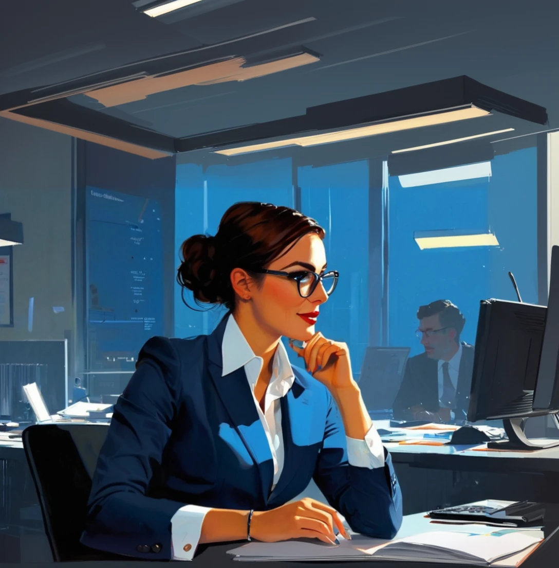 A woman sits at a desk with a computer, Martin then artwork portrait, Kenton Nelson, just a joke, Martin then, Business lady, art of Alena Enami, style of Alena Enami, art. Alena Enami, ( ( Mads Berg ) ), professional illustration, digital art of elegance