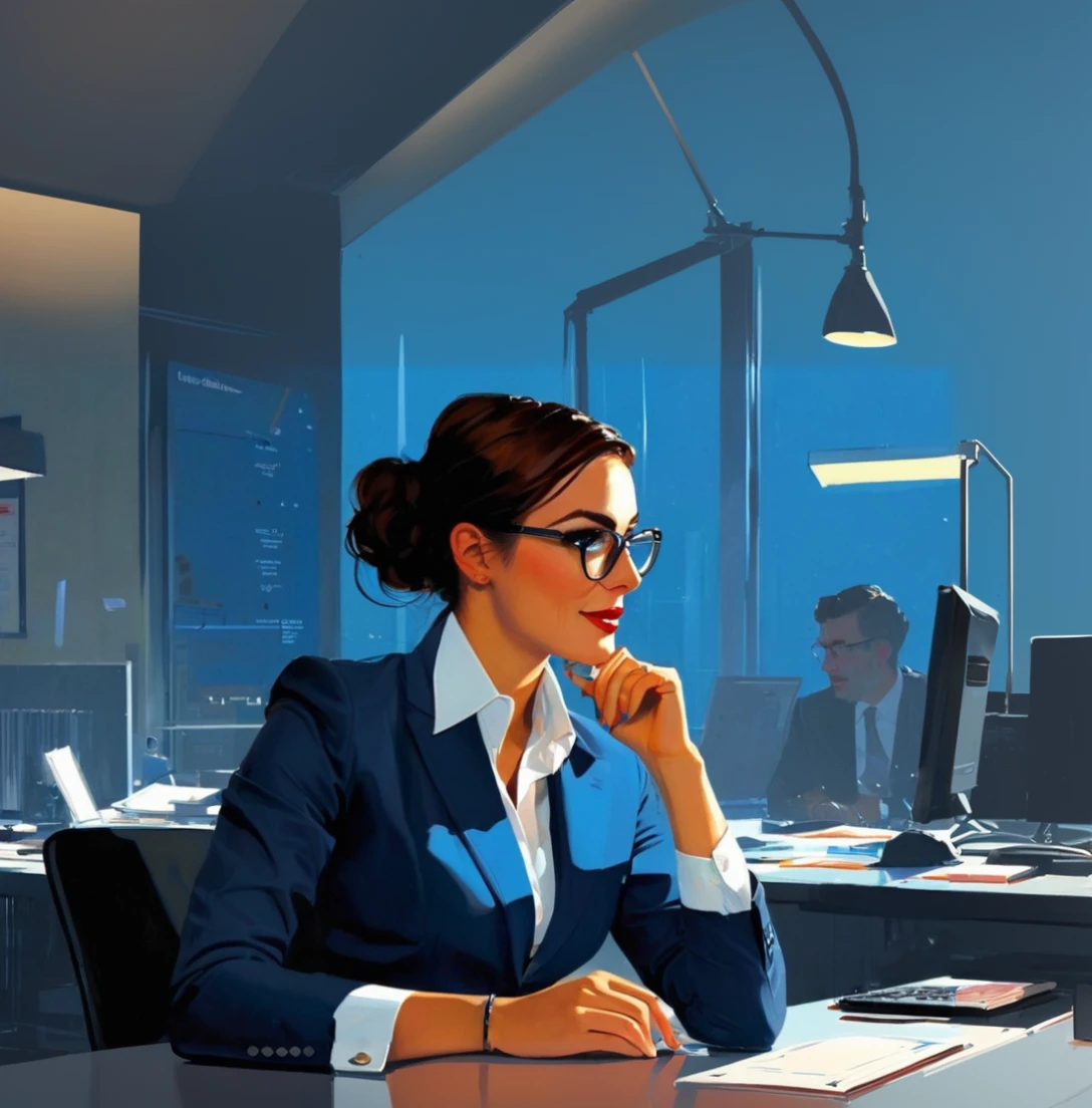 A woman sits at a desk with a computer, Martin then artwork portrait, Kenton Nelson, just a joke, Martin then, Business lady, art of Alena Enami, style of Alena Enami, art. Alena Enami, ( ( Mads Berg ) ), professional illustration, digital art of elegance