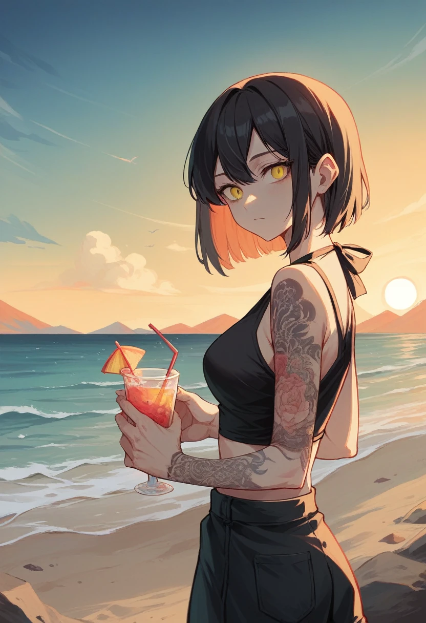 comic,anime,girl, black long weavy hair, yellow eyes, 4k , high detaiked, masterpiece, Beach on the background with weaves, fine sand, sunrise,tattoo, holoding a drink in the hand