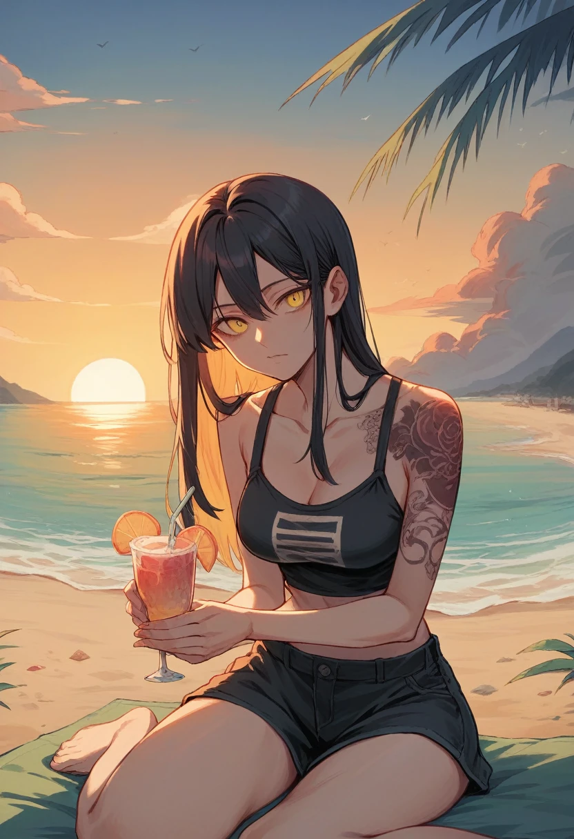 comic,anime,girl, black long weavy hair, yellow eyes, 4k , high detaiked, masterpiece, Beach on the background with weaves, fine sand, sunrise,tattoo, holoding a drink in the hand