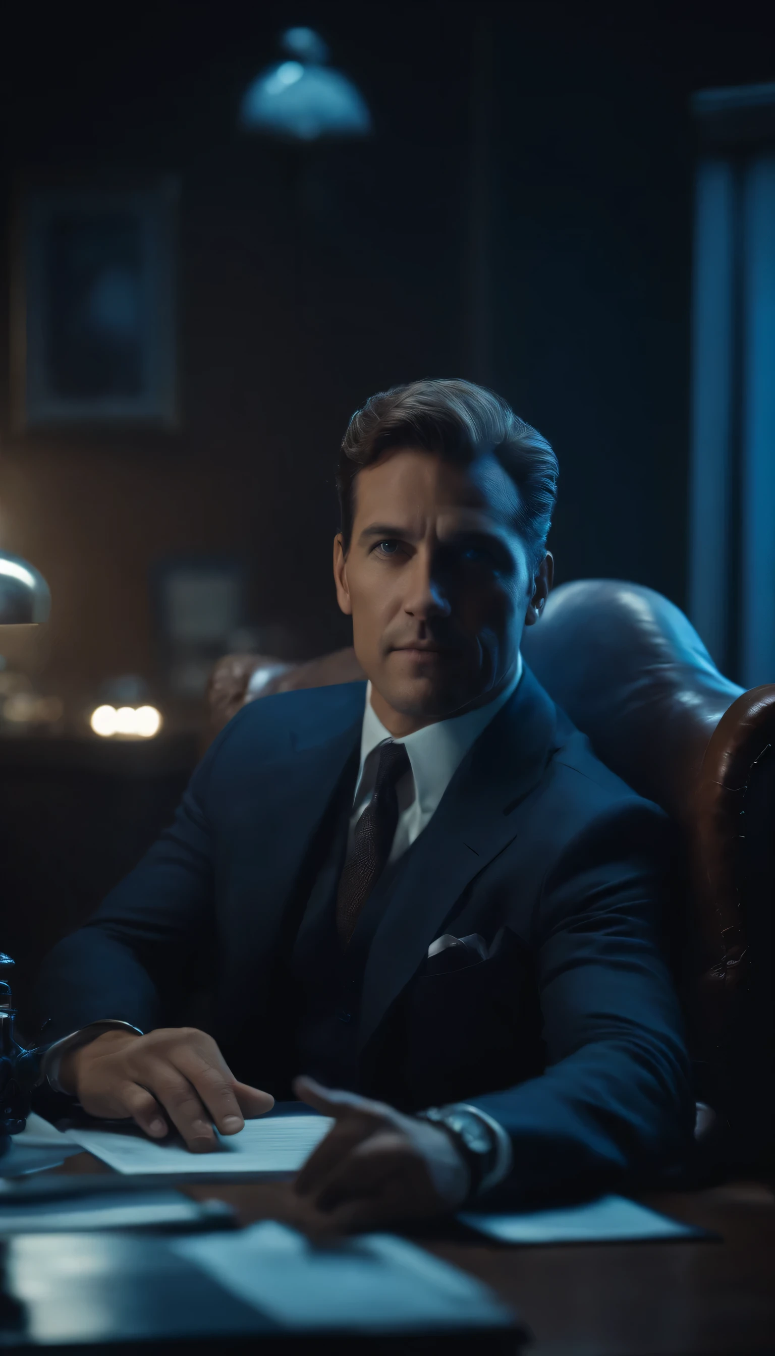 Marcus, a wealthy man sitting by his desk as the boss, neat richoffice setting, marcus raising one finger up,
8k epic-realistic imagery, blue scenery like a movie scene, old american setting, inspired by blade runner movie scene, blue tone