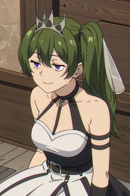 ((Bestquality))),((Ultra-detailed)),((illustration)),((Disheveledhair)),((frilld)),(1girl),(Solo), 1girl,solo,rating:safe,wedding,bare_shoulders,breasts,bridal_gauntlets,bridal_veil,cleavage,clothing,crown,curtsey,dress,drop_earrings,earrings,elbow_gloves,female,female_only,gloves,headdress,headwear,jewelry,layered_dress,long_hair,looking_at_viewer,necklace,skirt_hold,smile,standing,strapless,strapless_dress,tiara,veil,very_long_hair,white_dress,white_footwear,white_gloves, purple eyes,green hair,Right side ponytail,