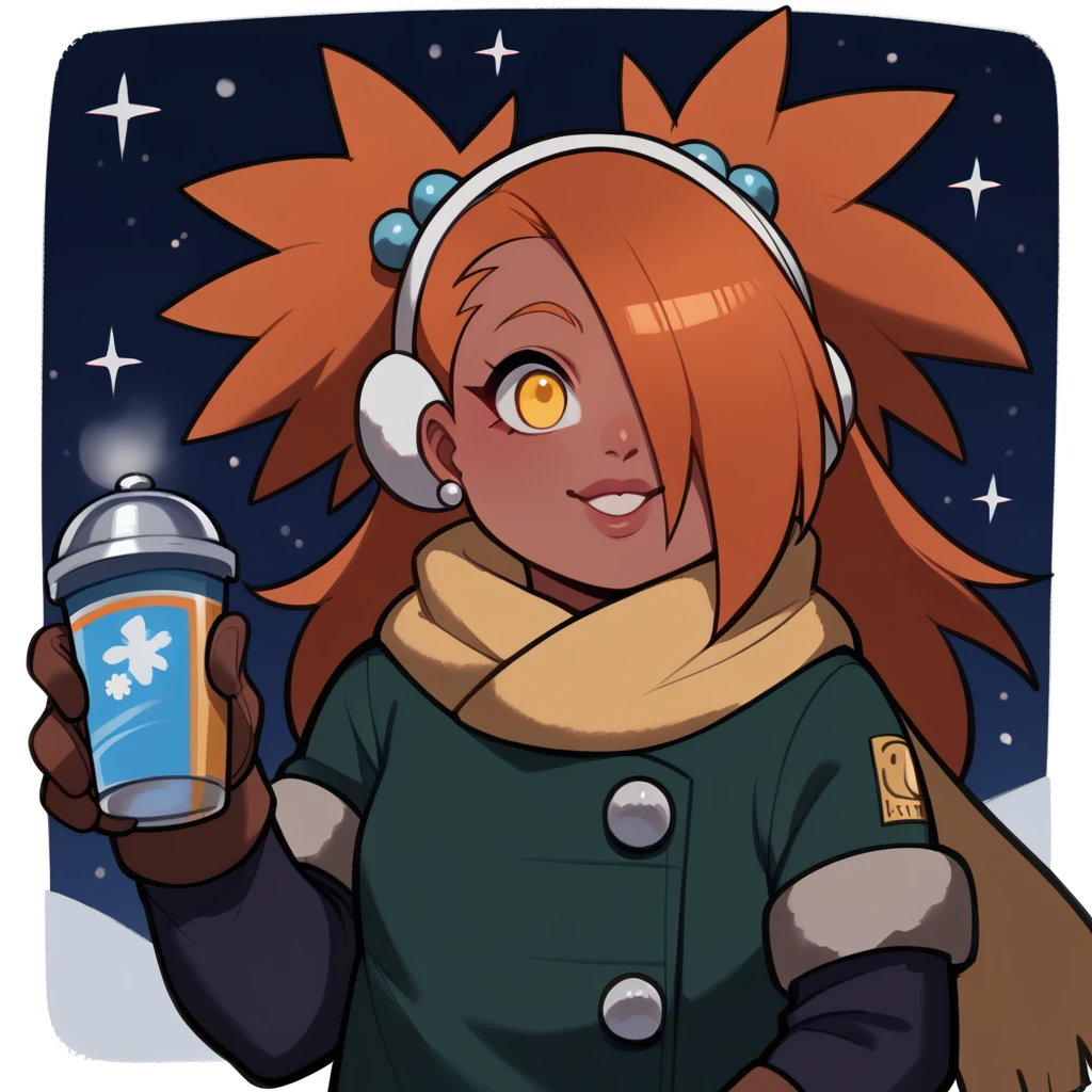 score_9, score_8_up, score_7_up, score_6_up, score_5_up, score_4_up, source_anime, rating_safe, BREAK chouchou akimichi,1girl,dark-skinned female,curvy,orange hair,hair over one eye,two side up,long hair,yellow eyes,hair bobbles,jewelry,earrings,big breats,night,brown winter ear muffs,yellow scarf,green winter jacket,white winter shirt,black winter jeans,sunglasess,winter background,winter gloves