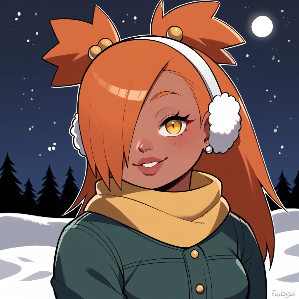 score_9, score_8_up, score_7_up, score_6_up, score_5_up, score_4_up, source_anime, rating_safe, BREAK chouchou akimichi,1girl,dark-skinned female,curvy,orange hair,hair over one eye,two side up,long hair,yellow eyes,hair bobbles,jewelry,earrings,big breats,night,brown winter ear muffs,yellow scarf,green winter jacket,white winter shirt,black winter jeans,sunglasess,winter background,winter gloves