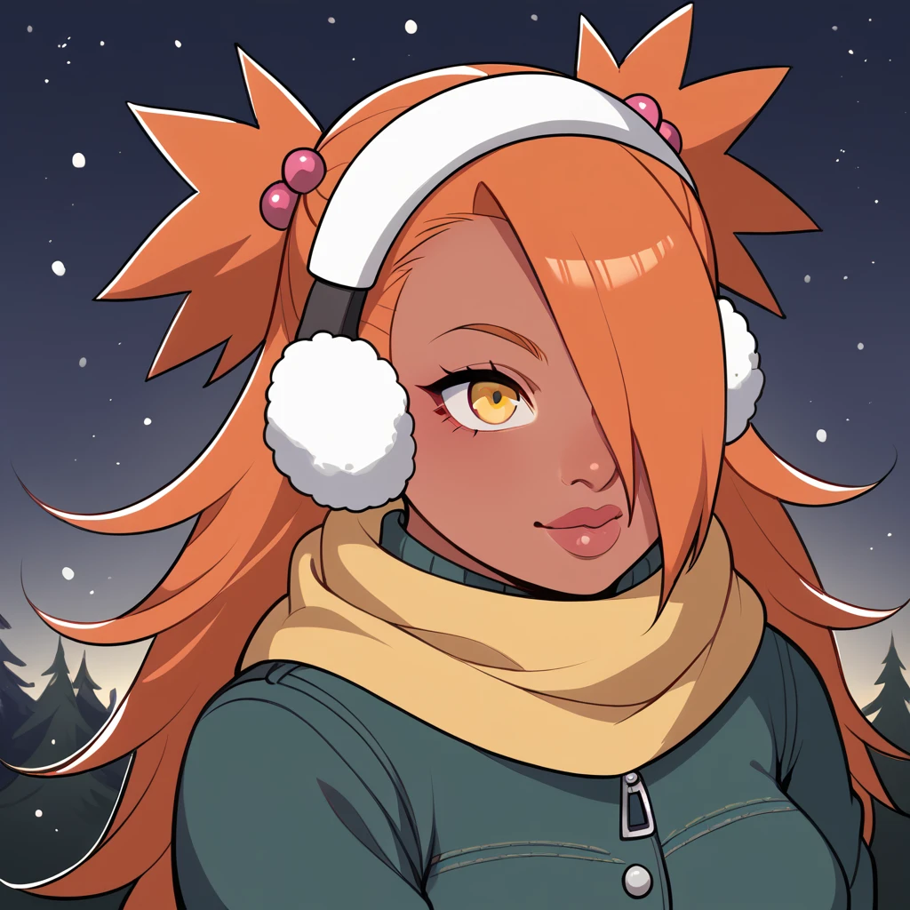 score_9, score_8_up, score_7_up, score_6_up, score_5_up, score_4_up, source_anime, rating_safe, BREAK chouchou akimichi,1girl,dark-skinned female,curvy,orange hair,hair over one eye,two side up,long hair,yellow eyes,hair bobbles,jewelry,earrings,big breats,night,brown winter ear muffs,yellow scarf,green winter jacket,white winter shirt,black winter jeans,sunglasess,winter background,winter gloves