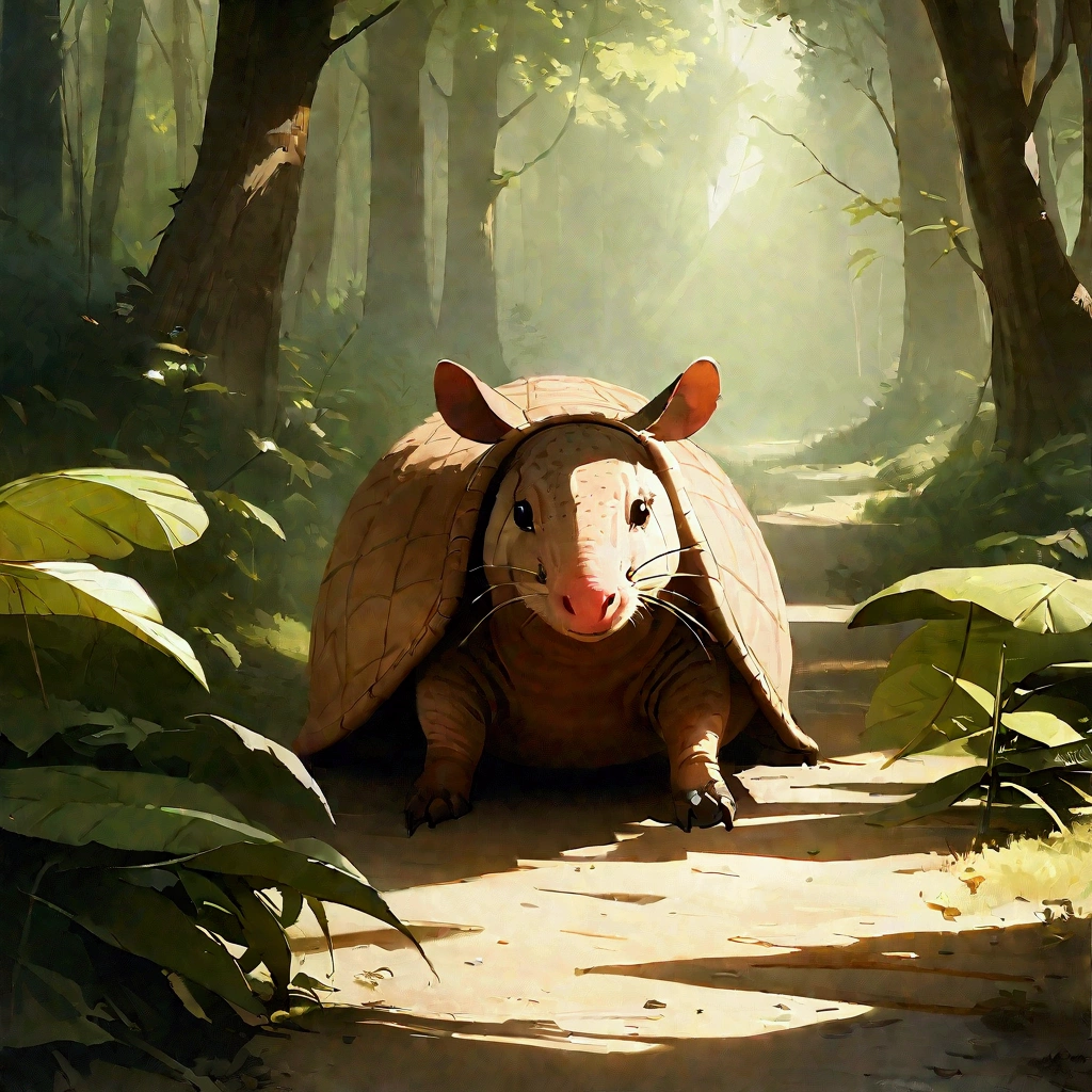 Masterpiece artwork, best qualityer, film still image, (realisitic, photorrealistic: 1,4), (Mr. Curious - armadillo), exploring the forest, close-up, between roots and leaves, curious, soft, warm lighting, Light filtered by trees, (Shadow Patterns: 0,7)