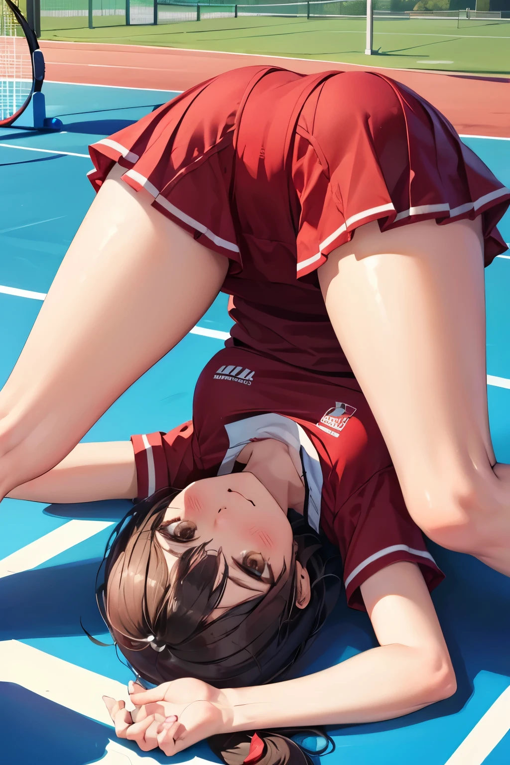 upside-down, 1girl, solo, white and red tennis uniform, brown eyes, short hair, high ponytail, embarrassed, nose blush, outdoor, tennis court, masterpiece, high quality, best quality, beautiful, hd, perfect lighting, detailed face, detailed body, masterpiece, best quality, intricate details, 8k uhd, perfect face, perfect eyes