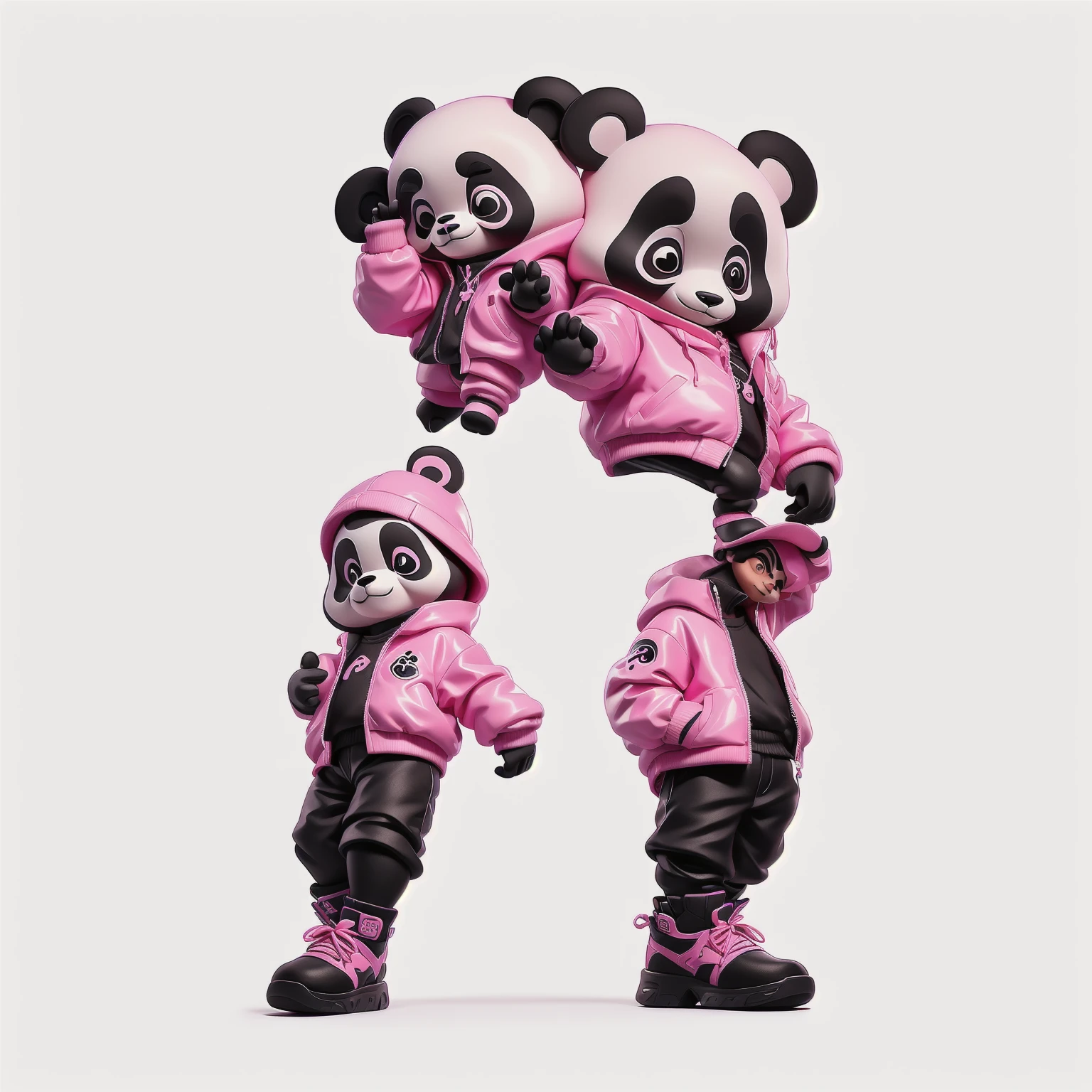 panda bear in a pink jacket and black pants with a pink jacket, panda panda panda, panda, Inspired by Zhu Da, Reddish purple clothes，cute panda, a cute giant panda, dancing character, He's dancing, kung fu panda, inspired by Luo Ping, No gradient, Wooden plates, pan ren wei, pat, Black person