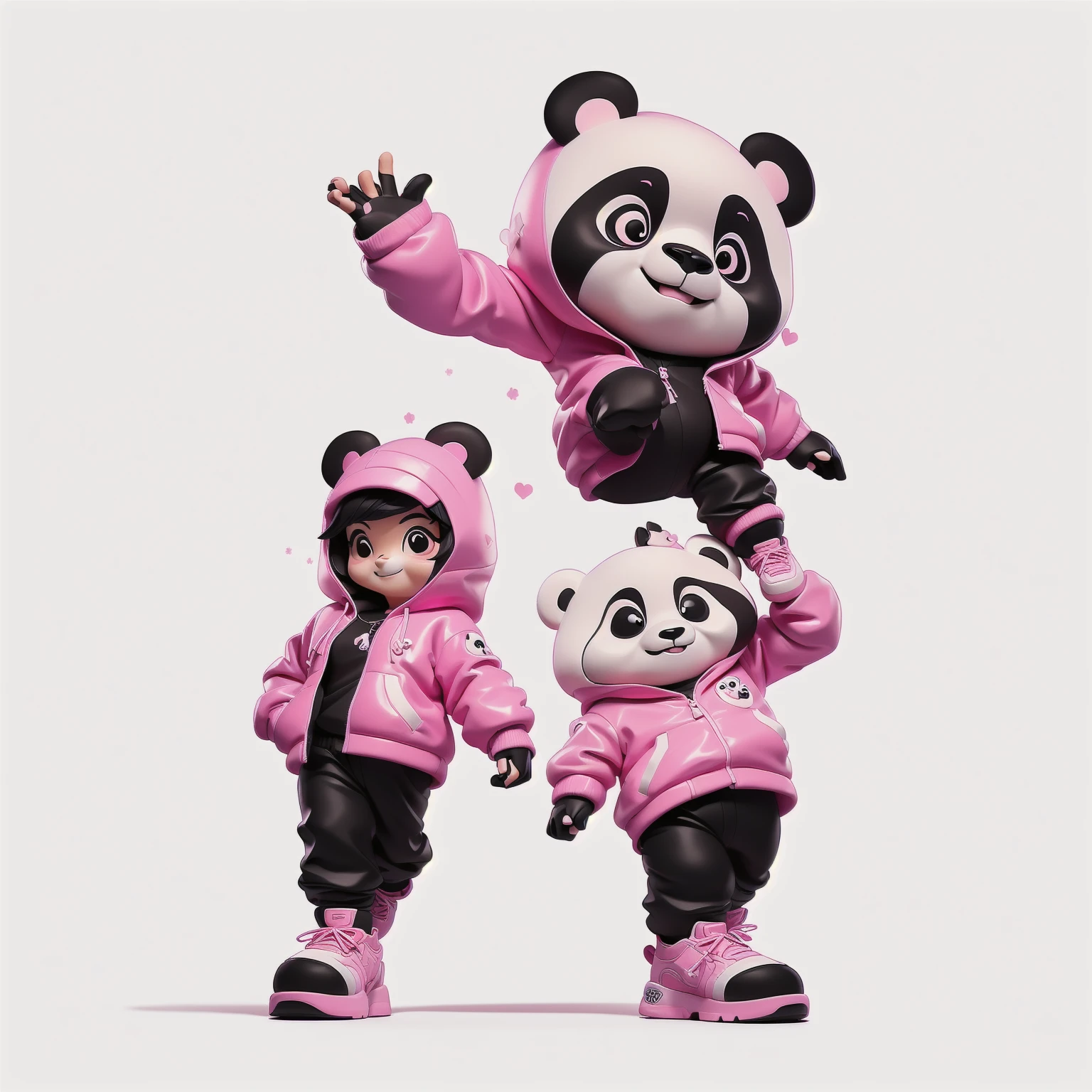 panda bear in a pink jacket and black pants with a pink jacket, panda panda panda, panda, Inspired by Zhu Da, Reddish purple clothes,cute panda, a cute giant panda, dancing character, He's dancing, kung fu panda, inspired by Luo Ping, No gradient, Wooden plates, pan ren wei, pat, Black person