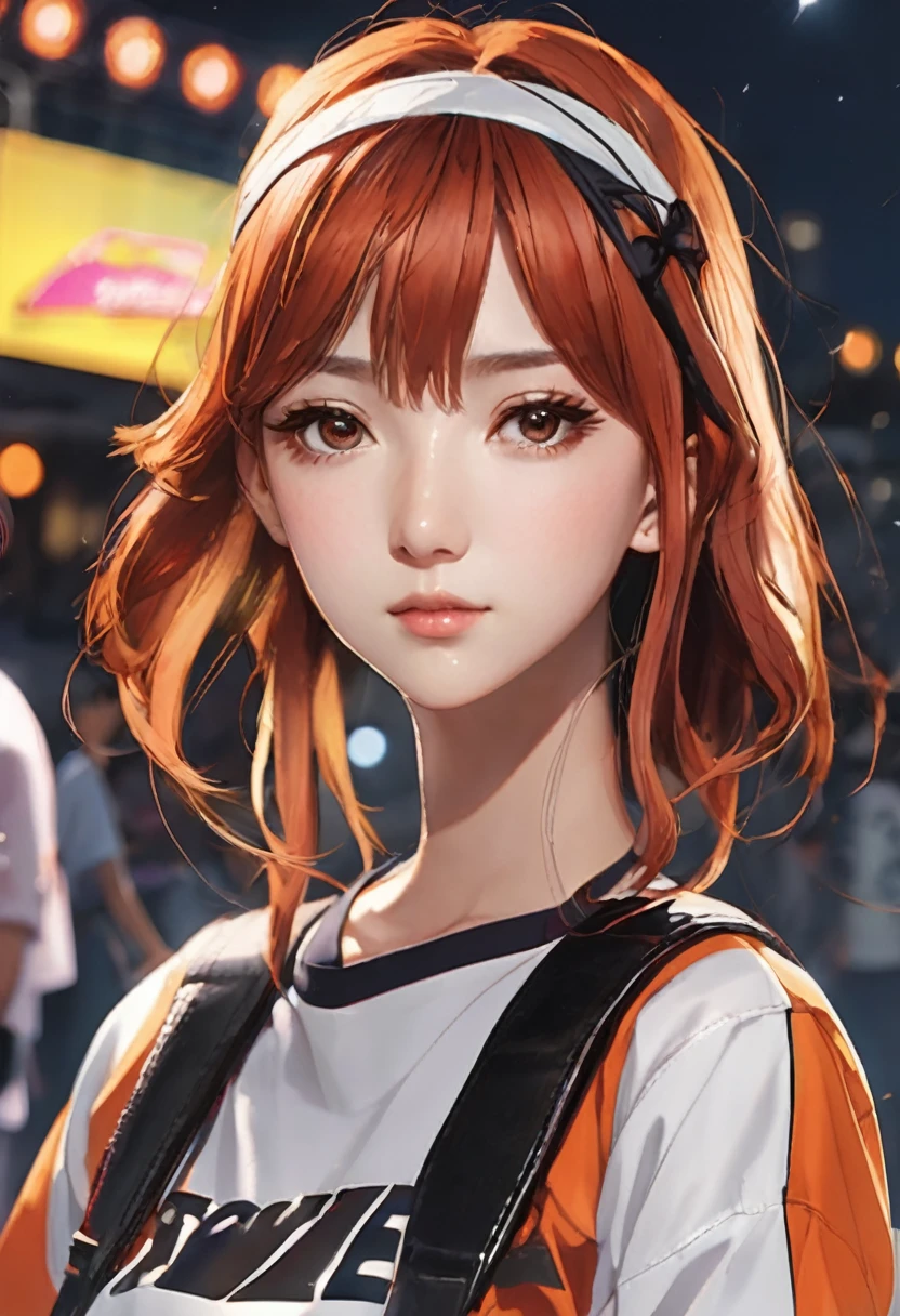 ((highest quality、masterpiece、shining eyes、detailed))、1 cute girl、beautiful face、pop background、beautiful anime、1girl、young girl、 solo、long hair、cute bangs、 (forehead:1.2)、light brown、(Orange redhead hair)、 athletic、 neutral、 (baseball shirt、black with white lines 、 open:1.2)、Dark red shirt、 black leather shorts、Fishnet tights、 from below、elegant、 looking at viewer、standing、Isometric light、 (close-up to face:1.3)、4k