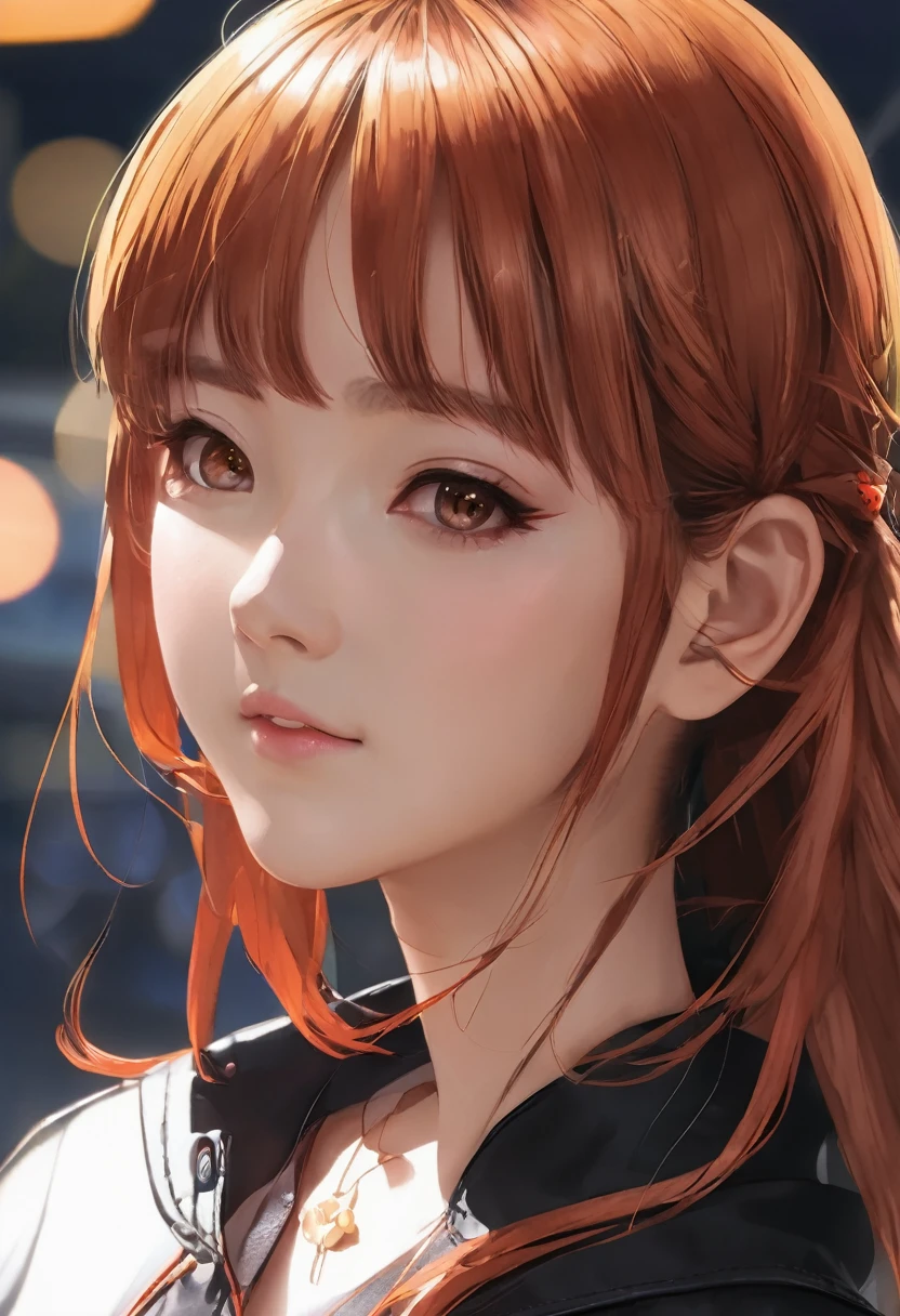 ((highest quality、masterpiece、shining eyes、detailed))、1 cute girl、beautiful face、pop background、beautiful anime、1girl、young girl、 solo、long hair、cute bangs、 (forehead:1.2)、light brown、(Orange redhead  hair)、 athletic、 neutral、 (baseball shirt、black with white lines 、 open:1.2)、Dark red shirt、 black leather shorts、Fishnet tights、 from below、elegant、 looking at viewer、standing、Isometric light、 (close-up to face:1.3)、4k 
