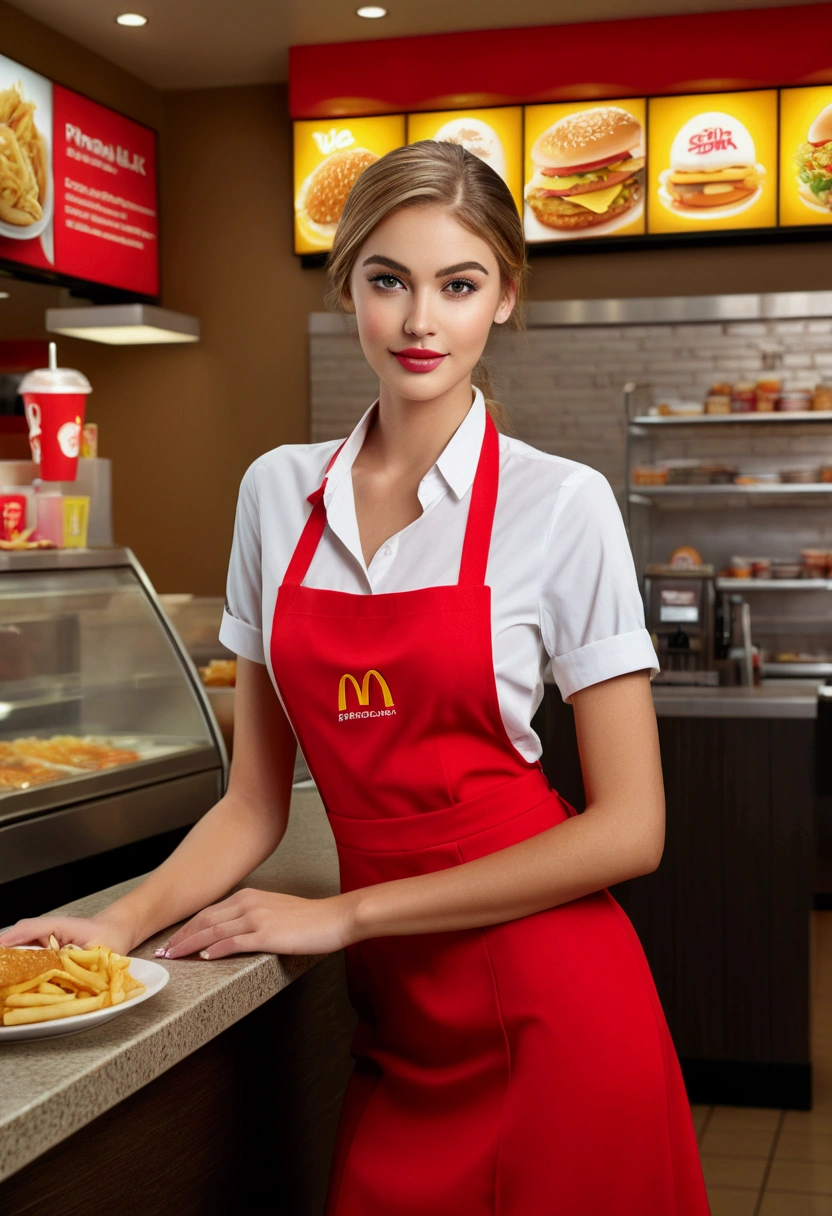 a beautiful young woman in a fast food restaurant, wearing a restaurant employee dress, long legs, beautiful face with detailed features, enticing expression, behind the counter, fast food environment, bright lighting, vibrant colors, (best quality,4k,8k,highres,masterpiece:1.2),ultra-detailed,(realistic,photorealistic,photo-realistic:1.37),vibrant colors,cinematic lighting,professional photography,fashion portrait