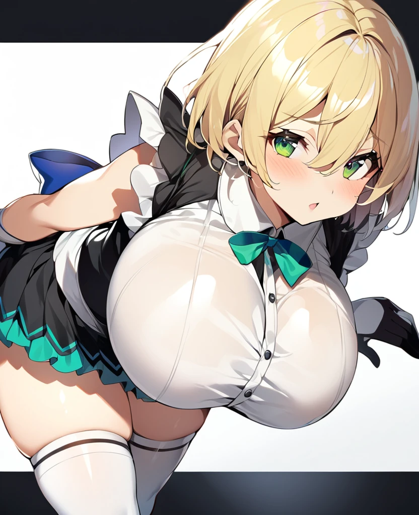 (One girl)、short hair、((Blonde))、（Sato Air）、boyish、(Big super )、[Chubby]、beautiful girl、green eye、Maid clothes、No sleeve、mini skirt、White sleeveless、((hairs between eyes))、((thigh-high socks thighhighs))、(long gloves)、say、White Background、
