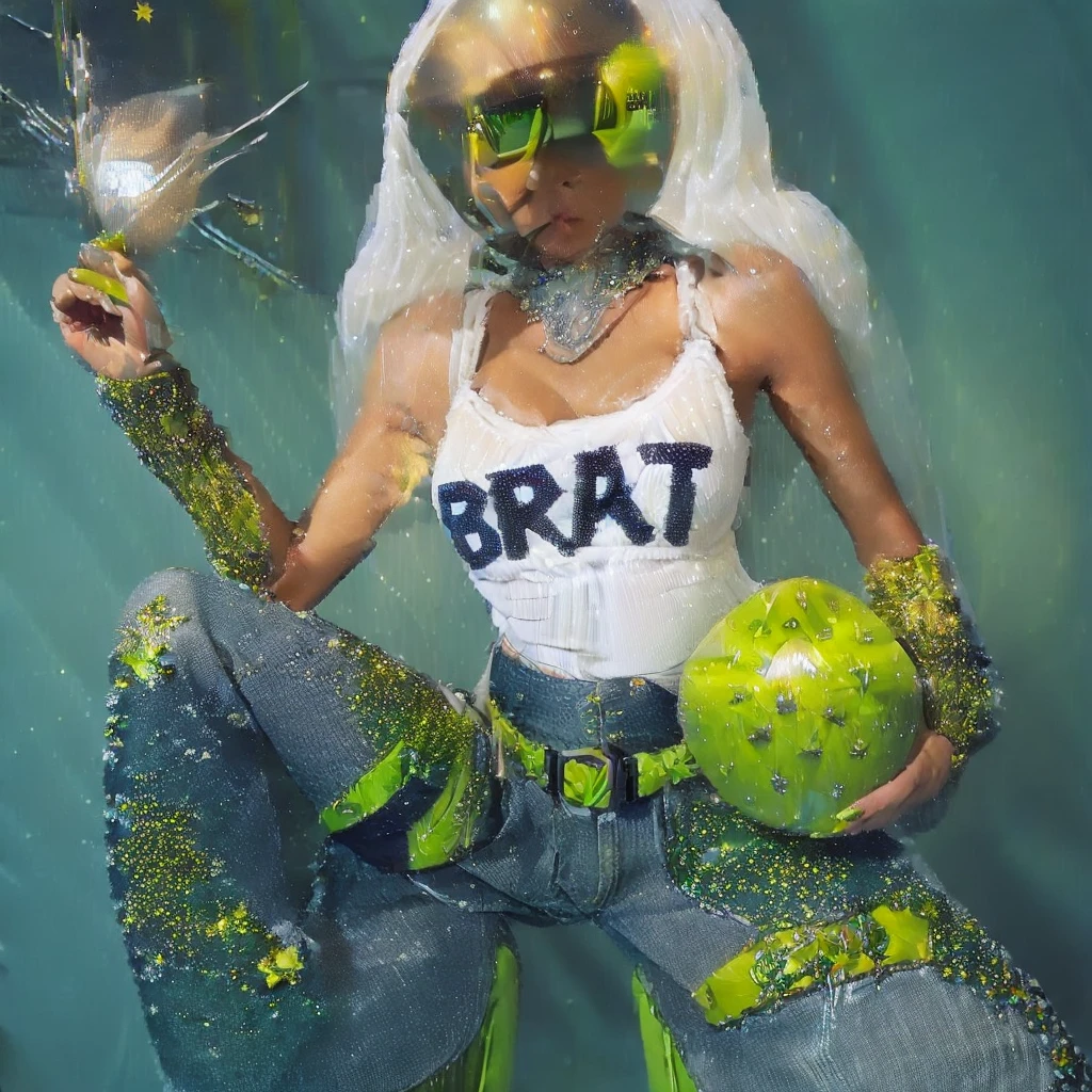 ((sexy)) (((ALONE LONELY SOLO))) blonde russian with (((tits shaped like green BOMBS))) wearing stunning gorgeous intricate (((white y2k tank top))) on it, wearing wired headphones and gorgeous crystallised ((((baggy blue jeans)))) with (((chartreuse green stars))) on them, (((green boots))), channeling the essence of (((clubbing))) and y2k in club background