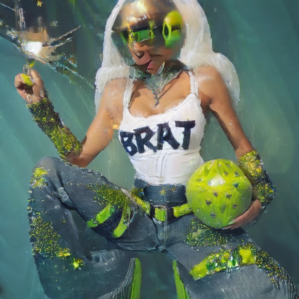 ((sexy)) (((ALONE LONELY SOLO))) blonde russian with (((tits shaped like green BOMBS))) wearing stunning gorgeous intricate (((white y2k tank top))) on it, wearing wired headphones and gorgeous crystallised ((((baggy blue jeans)))) with (((chartreuse green stars))) on them, (((green boots))), channeling the essence of (((clubbing))) and y2k in club background