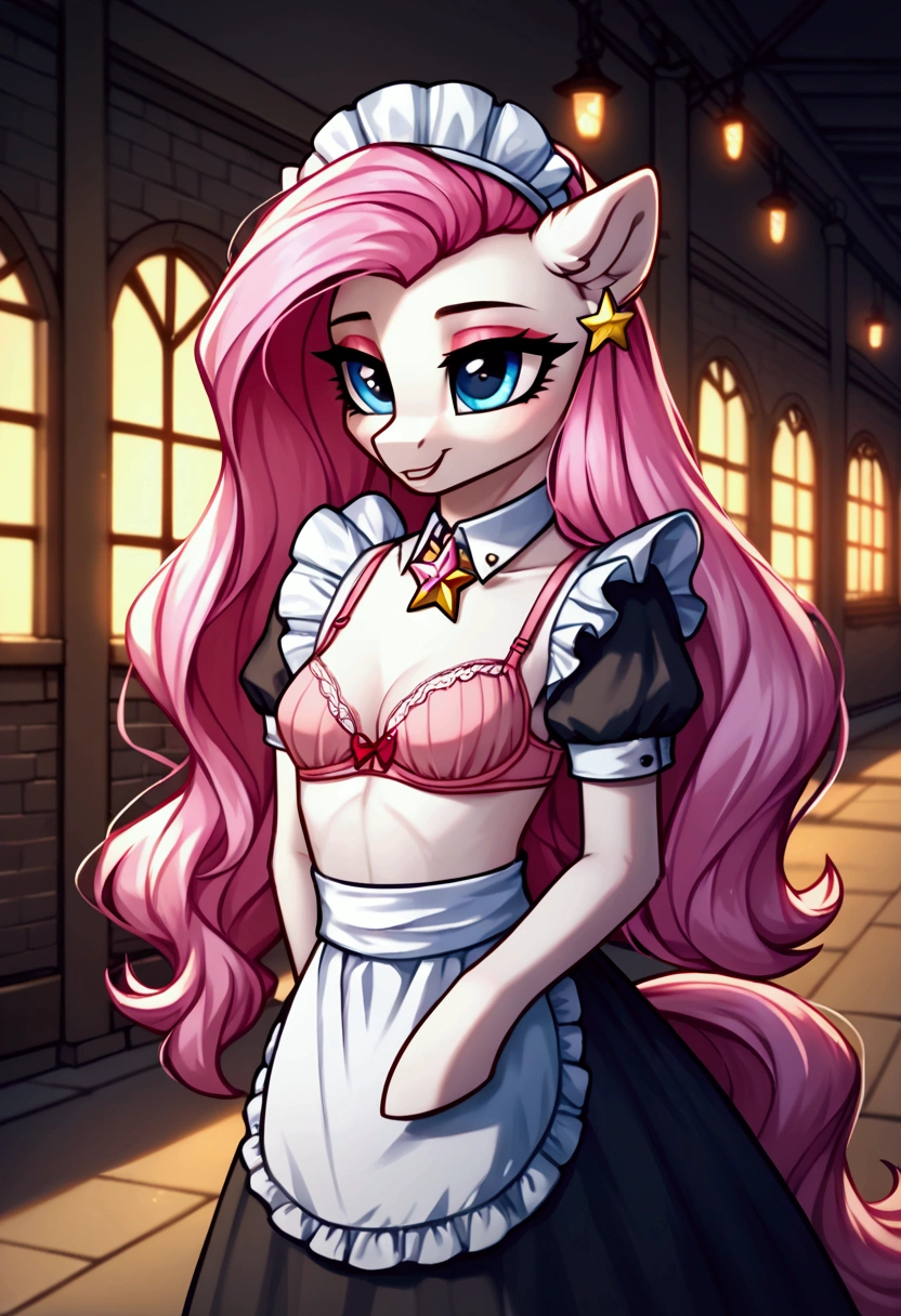 score_9,score_8_up,score_7_up,score_6_up, ((my little pony)), radiant lighting, vibrant colors, whimsical atmosphere, 8K, high resolution, highly detailed, masterpiece, ((brightness white body)), blue eyes, (maid costume), striped stockings, star pendant, earrings, eyeshadow, (very long pink hair:1.3), (((prostitute showing bra:1.4)))