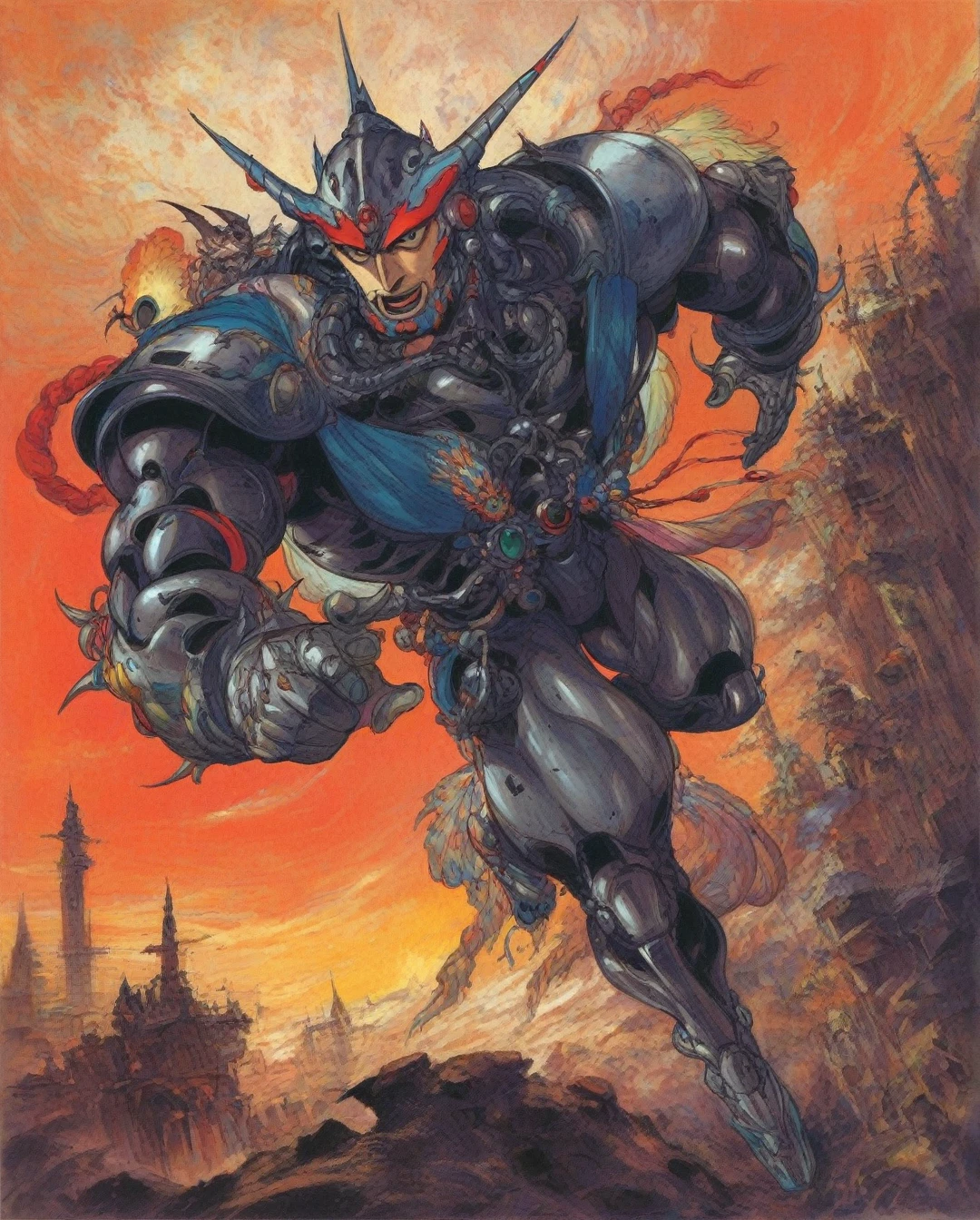 amano yoshitaka,  Art style by Noriyoshi Ohrai, Hajime Sorayama, Hiroshi Nagai, (Masterpiece, Top Quality, Super Deatail, High Resolution, Best Illustration), "An exceptional Saudi Arabian Bedouin female warrior adorned in a sleek, black metallic mechanical suit, seamlessly blending traditional Bedouin elements with cutting-edge cyberpunk aesthetics. The scene is set against a backdrop of a dark, dystopian sci-fi landscape, with neon-lit deserts and futuristic cityscapes. The art style echoes the retro 1980s, capturing the essence of that era's vibrant color palette and bold design. The composition should evoke a sense of mystery and power, with intricate details highlighting the fusion of ancient Bedouin culture and advanced technology."