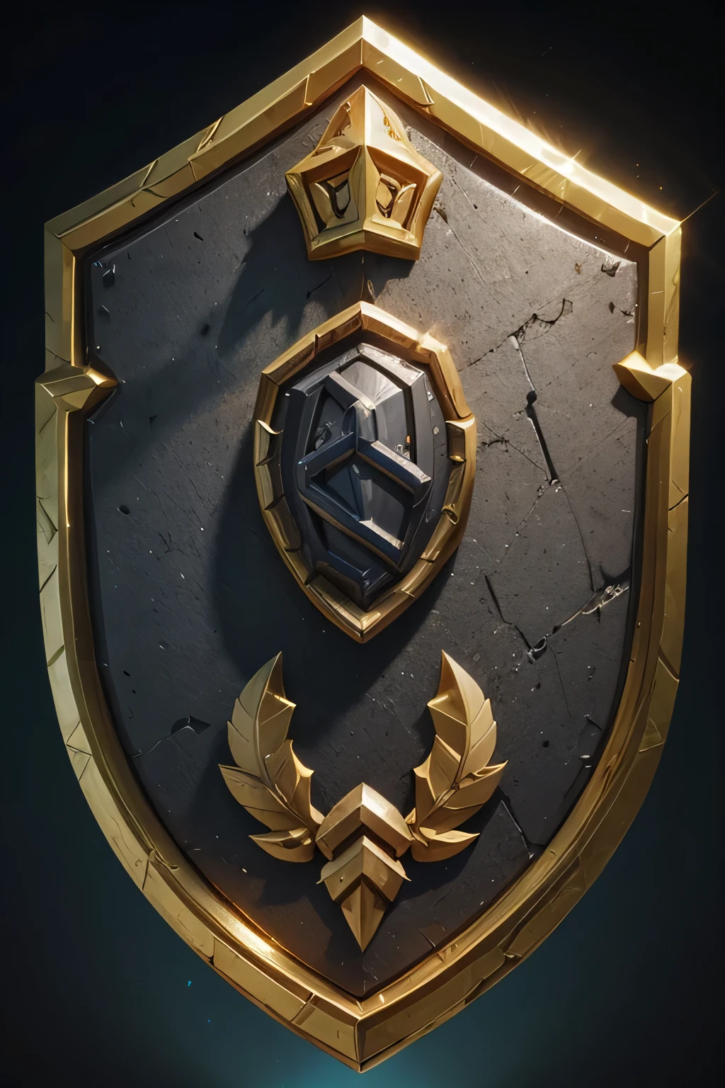 Game medallion shield of gladiator black, gold and diamond blue，hearthstone art style, Hearthstone style art, hearthstone concept art, Riot game concept art, style of league of legends, iconic character splash art, League of Legends crown，Game badge，Surrounding metal feathers，Gray gold，C4D Rendering，Less detail，less detailing，Huge metal
