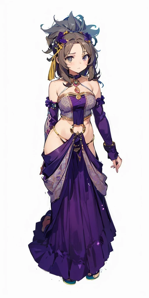 a woman dressed in a costume is standing on a platform dressed in clothes, 1girl, solo, sandals, jewelry, navel, bracelet, breasts, full body, midriff, brown hair, grey background