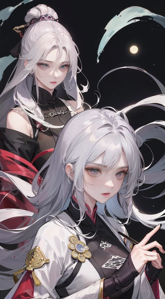 Masterpiece, Superb Product, Night, Full Moon, 1 Woman, Mature Woman, Chinese Style, Ancient China, Sister, Royal Sister, Cold Face, Expressionless, Silver-White Long-Haired Woman, Light Pink Lips, Calm, Intellectual, Three Bands, Gray Eyes, Assassin, Katana