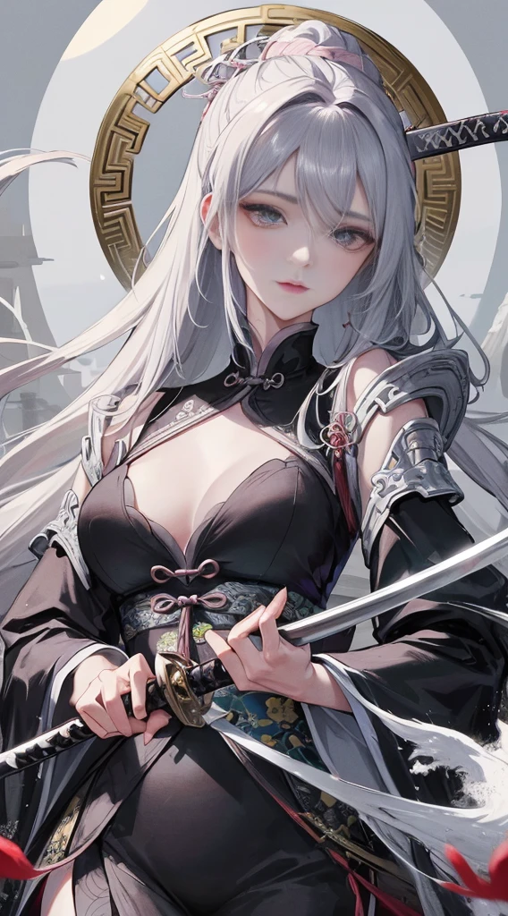 Masterpiece, Superb Product, Night, Full Moon, 1 Woman, Mature Woman, Chinese Style, Ancient China, Sister, Royal Sister, Cold Face, Expressionless, Silver-White Long-Haired Woman, Light Pink Lips, Calm, Intellectual, Three Bands, Gray Eyes, Assassin, Katana