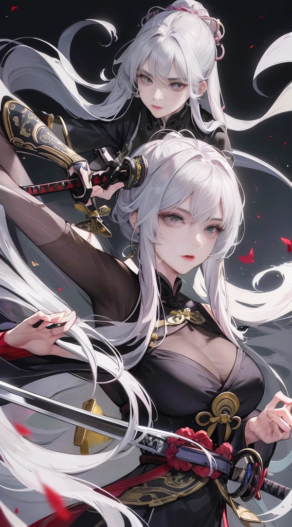 Masterpiece, Superb Product, Night, Full Moon, 1 Woman, Mature Woman, Chinese Style, Ancient China, Sister, Royal Sister, Cold Face, Expressionless, Silver-White Long-Haired Woman, Light Pink Lips, Calm, Intellectual, Three Bands, Gray Eyes, Assassin, Katana