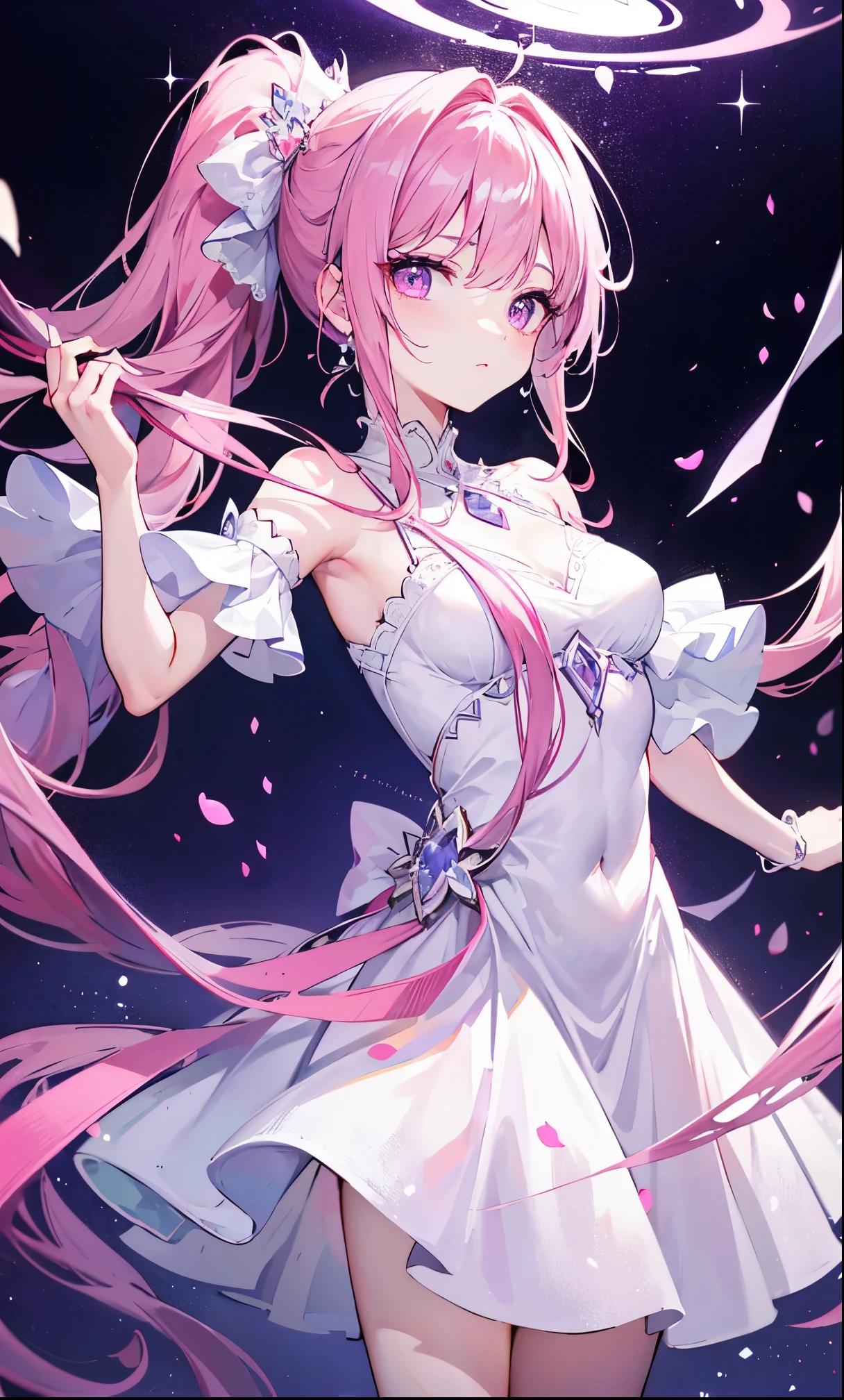 Light white dress with pink and purple color，Purple and pink long ponytail，Pink Purple Eyes，Gentle and coquettish princess，Bright and glossy color，Crystal clear，slim