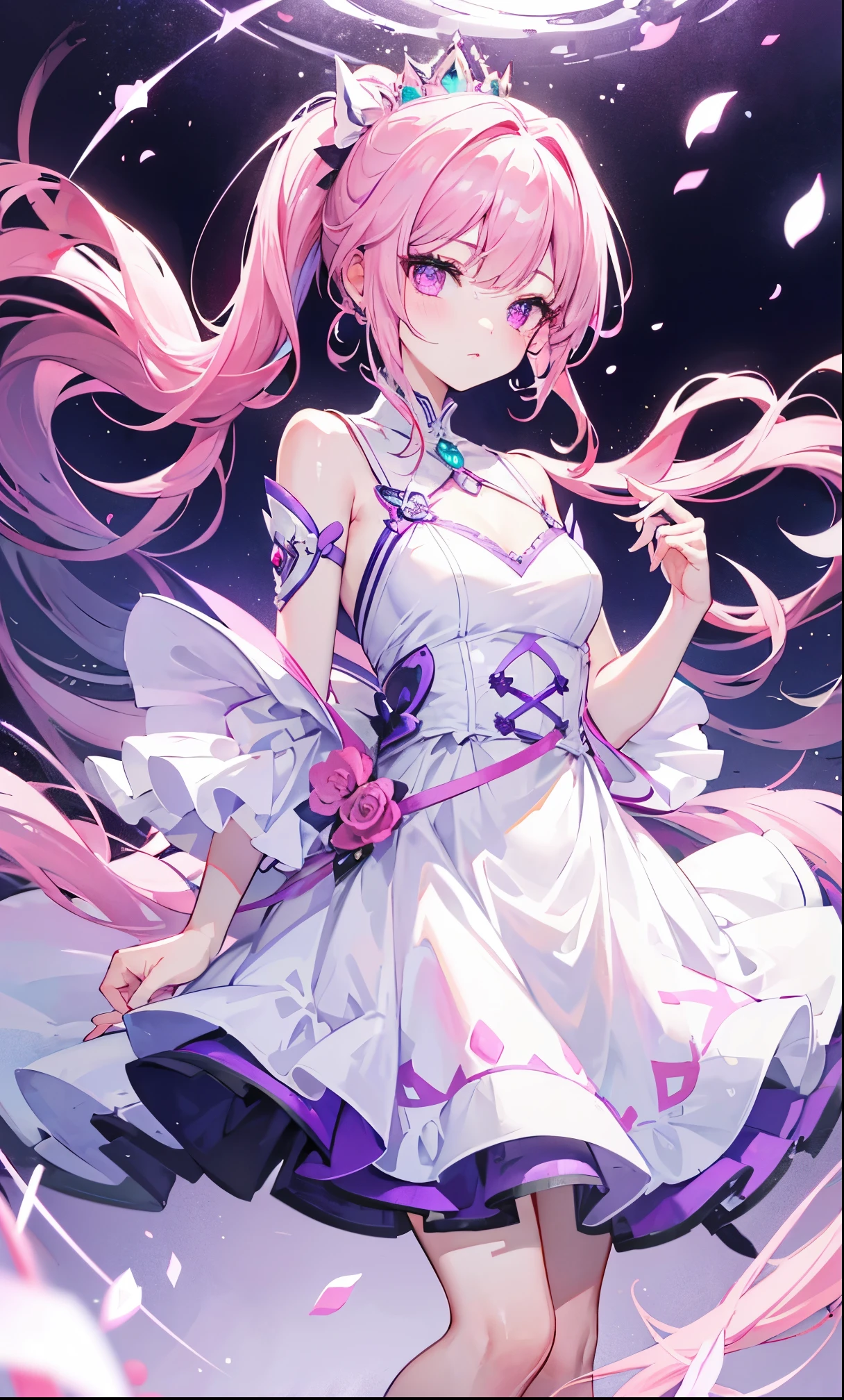 Light white dress with pink and purple color,Purple and pink long ponytail,Pink Purple Eyes,Gentle and coquettish princess,Bright and glossy color,Crystal clear,slim