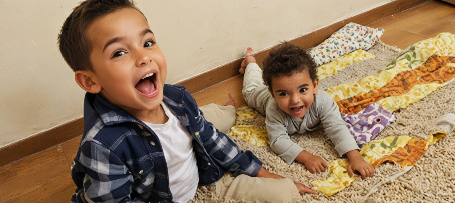 hay dos CHILDs sentados sobre una manta en el suelo, very excited, lying on his back, CHILDs playing, playing, playful!!!, both laughing, both smiling for the camera, with a twin, with a CHILD, funny faces, They are very serious, very very happy!, mocking the camera, Photo, a picture, , yelling at the camera