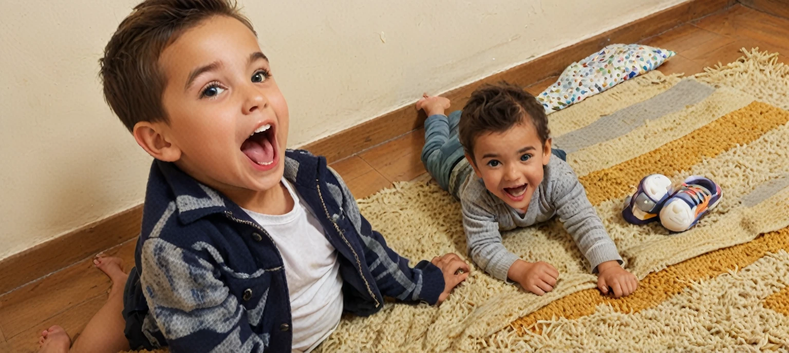 hay dos CHILDs sentados sobre una manta en el suelo, very excited, lying on his back, CHILDs playing, playing, playful!!!, both laughing, both smiling for the camera, with a twin, with a CHILD, funny faces, They are very serious, very very happy!, mocking the camera, Photo, a picture, , yelling at the camera