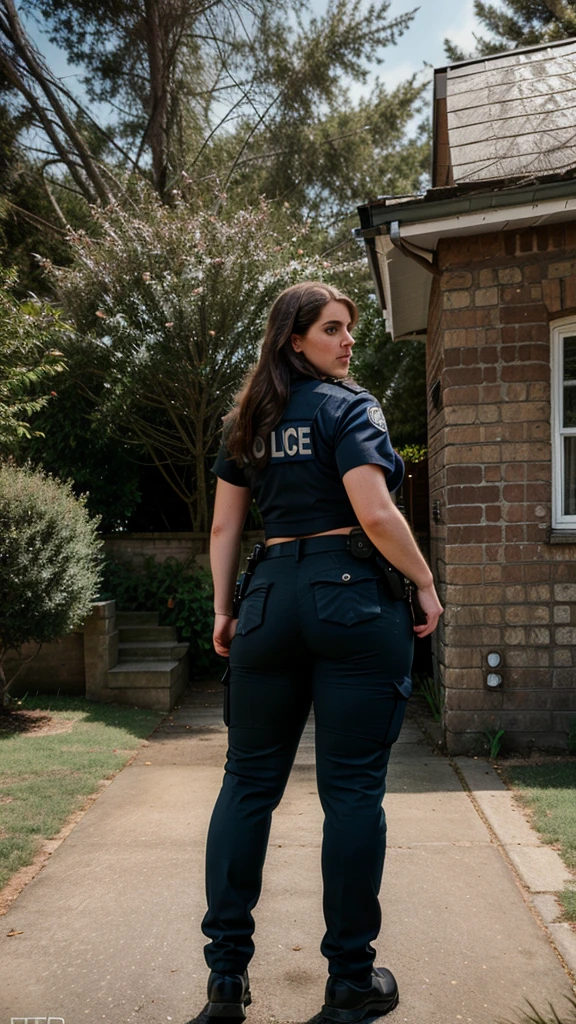 Ultra realistic photography of a thick police woman, 35 years old, police pants, view from behind, big hips, high quality, hyperrealistic, outside of the house