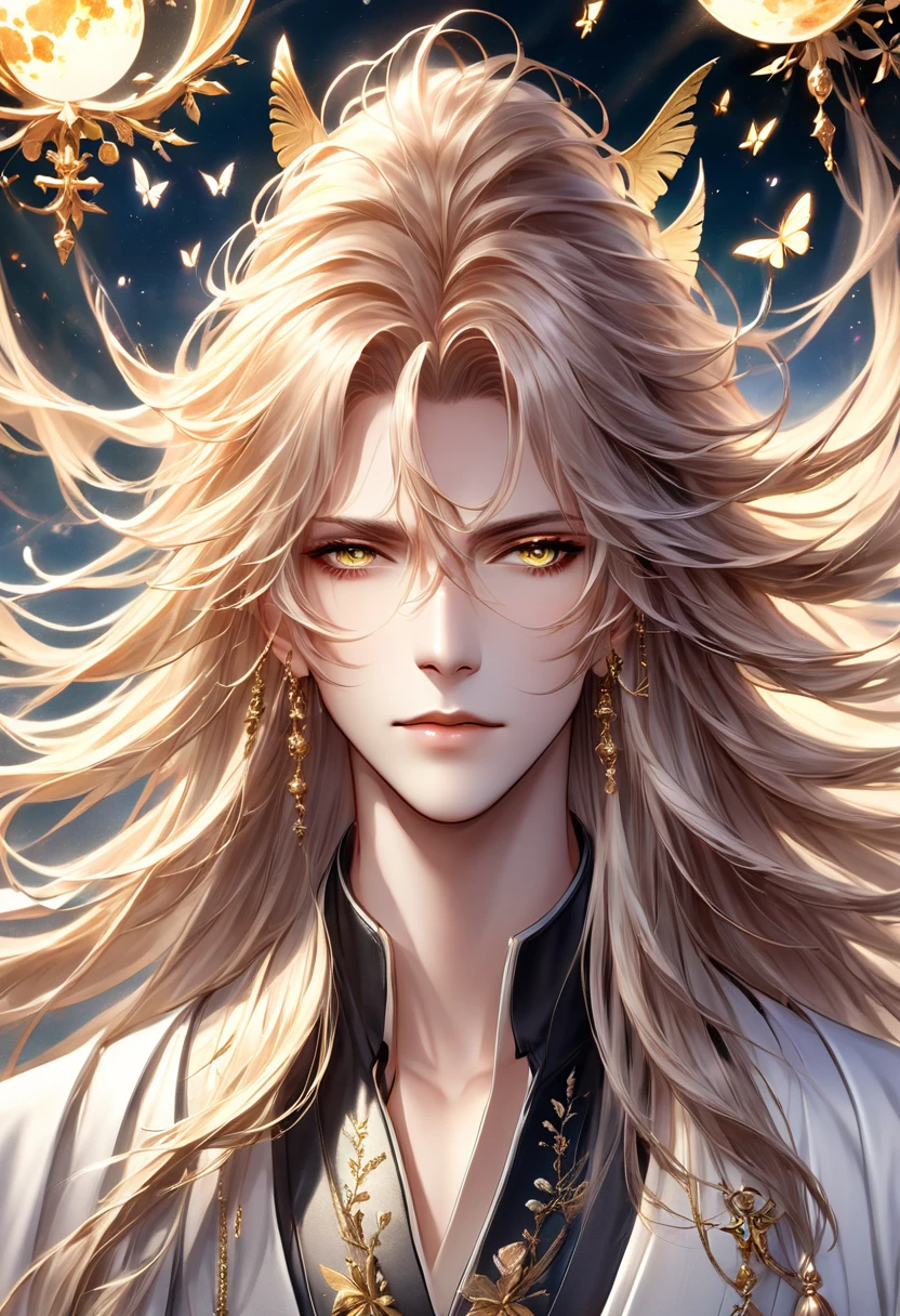  (masterpiece, 8K, Absurd, Digital Art, Digital Illustration, Realistic, Very detailed, Realistic lighting), (Perfect Face, Perfect Eyes, Perfect body), male,1 person, Adult,male的な,Close-up of a long-haired person and butterflies, Portrait of the Magical Blonde Prince, ((Beautiful Fantasy Empress)), Beautiful androgynous prince, A delicate androgynous prince, anime key visual of elegant, Long, flowing, gorgeous blonde hair, Anime Art Nouveau Space Display, Detailed Key Anime Art, Shadowverse Style, Flowing hair and long robes