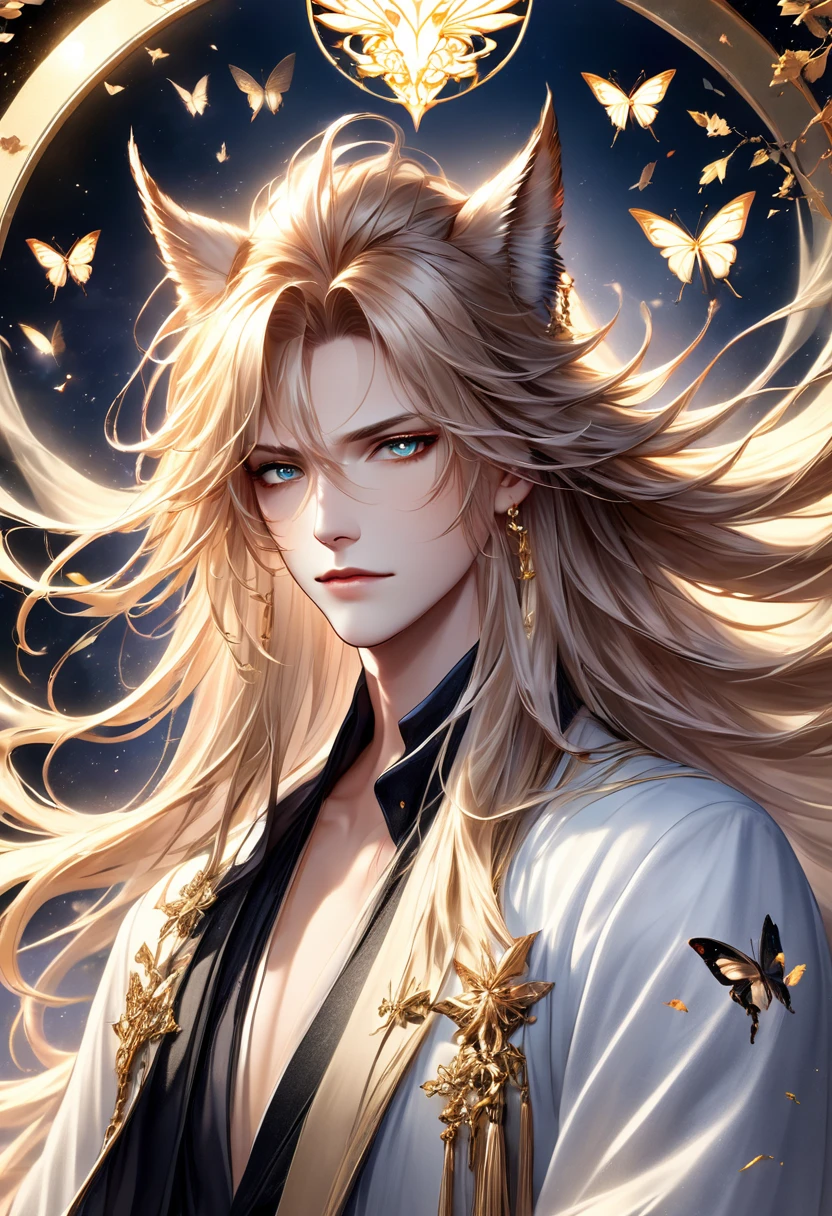 ‪ (masterpiece, 8K, Absurd, Digital Art, Digital Illustration, Realistic, Very detailed, Realistic lighting), (Perfect Face, Perfect Eyes, Perfect body), male,1 person, Adult,male的な,Close-up of a long-haired person and butterflies, Portrait of the Magical Blonde Prince, ((Beautiful Fantasy Empress)), Beautiful androgynous prince, A delicate androgynous prince, anime key visual of elegant, Long, flowing, gorgeous blonde hair, Anime Art Nouveau Space Display, Detailed Key Anime Art, Shadowverse Style, Flowing hair and long robes