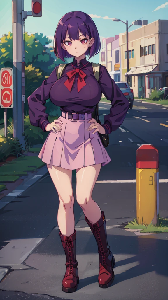 Masterpiece, best quality, high resolution, 1 woman , straight purple hair , bob , red eyes , Cold expression , Purple long sleeve sailor shirt , short skirt , boots, Long legs , full body , abdomen , big breasts , Put your hands on your hips. , roadside