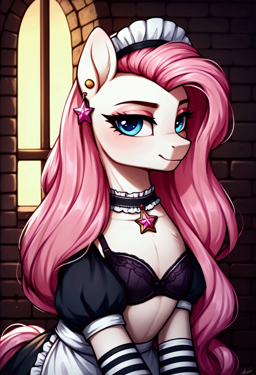 score_9,score_8_up,score_7_up,score_6_up, ((my little pony)), radiant lighting, vibrant colors, whimsical atmosphere, 8K, high resolution, highly detailed, masterpiece, ((brightness white body)), blue eyes, (maid costume), striped stockings, star pendant, earrings, eyeshadow, (very long pink hair:1.3), (((prostitute showing big bra:1.4)))