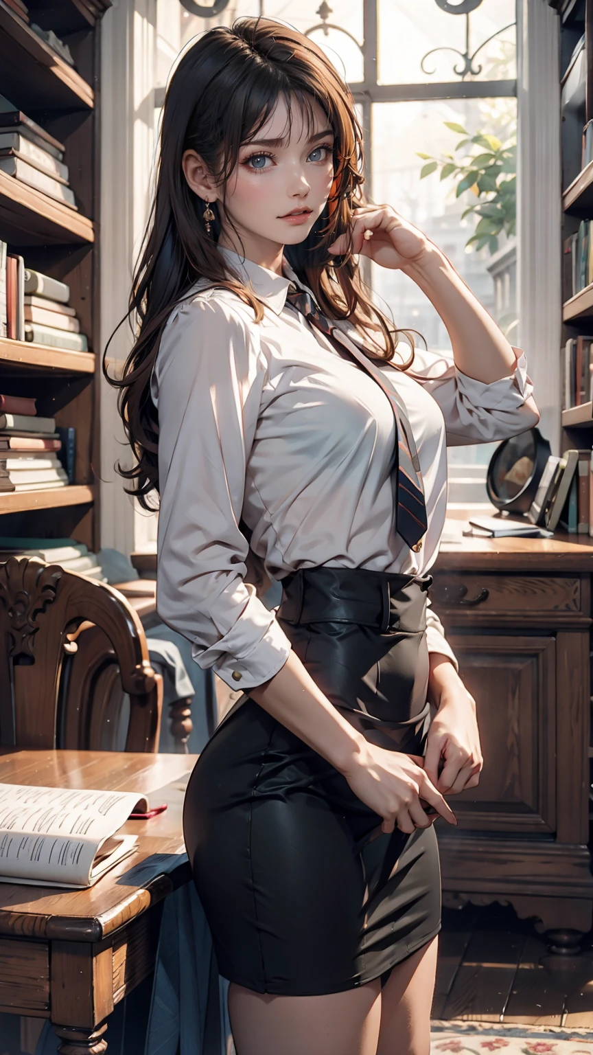 24-year-old woman、Brown Hair、Iris、Tie your hair back、Long eyelashes、Sexy proportions、Narrow waist、mature female body、She came to look for ancient documents for research.、Sheer silk blouse、Pencil Skirt、High heels、Ear Cuff、A dusty second-hand bookstore、Vision、Pick up an old book、