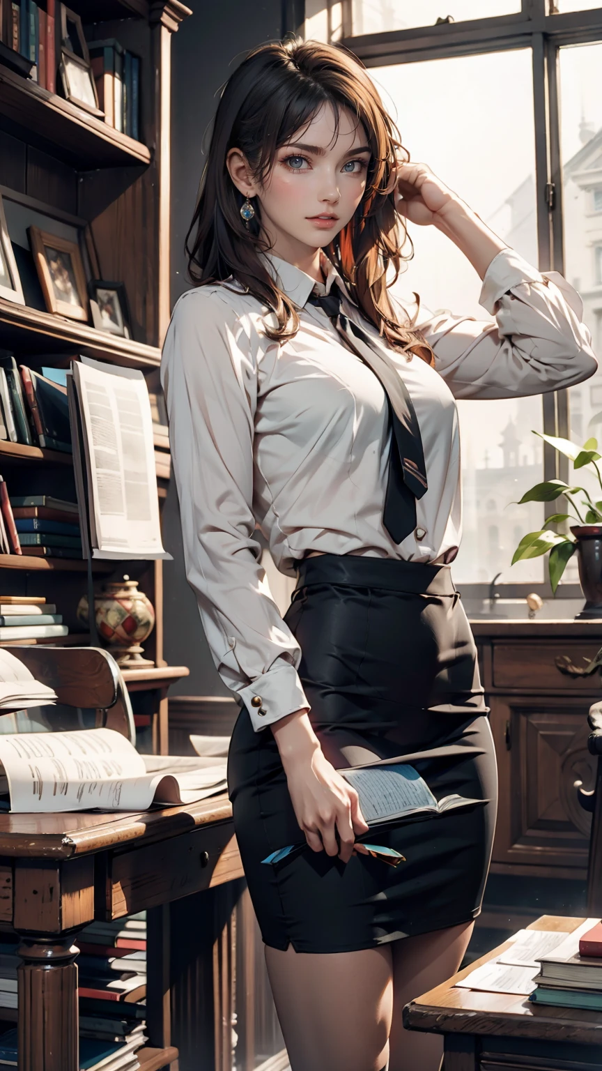 24-year-old woman、Brown Hair、Iris、Tie your hair back、Long eyelashes、Sexy proportions、Narrow waist、mature female body、She came to look for ancient documents for research.、Sheer silk blouse、Pencil Skirt、High heels、Ear Cuff、A dusty second-hand bookstore、Vision、Pick up an old book、