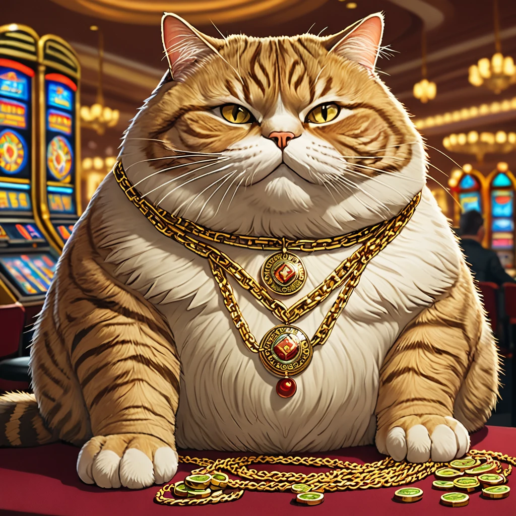 Very detailed professional drawing of a fat cat by Alayna Lemmer. The cat is wearing a gold chain around its neck. There is a casino in the background.  
