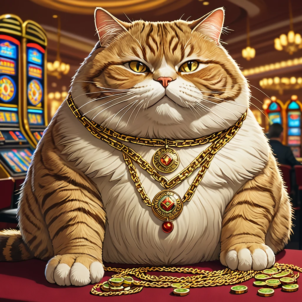 Very detailed professional drawing of a fat cat by Alayna Lemmer. The cat is wearing a gold chain around its neck. There is a casino in the background.