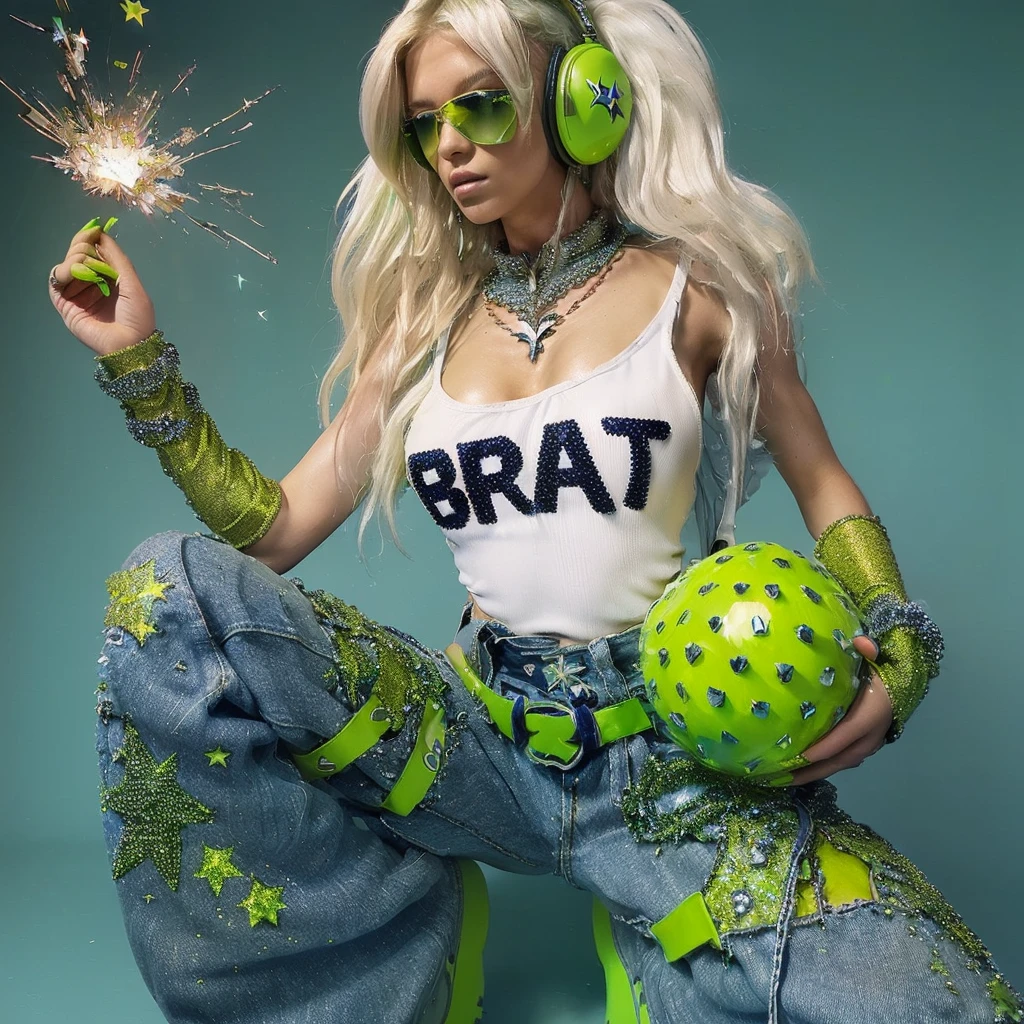 ((sexy)) (((ALONE LONELY SOLO))) blonde russian with (((tits shaped like green BOMBS))) wearing stunning gorgeous intricate (((white y2k tank top))) on it, wearing wired headphones and gorgeous crystallised ((((baggy blue jeans)))) with (((chartreuse green stars))) on them, (((green boots))), channeling the essence of (((clubbing))) and y2k in club background