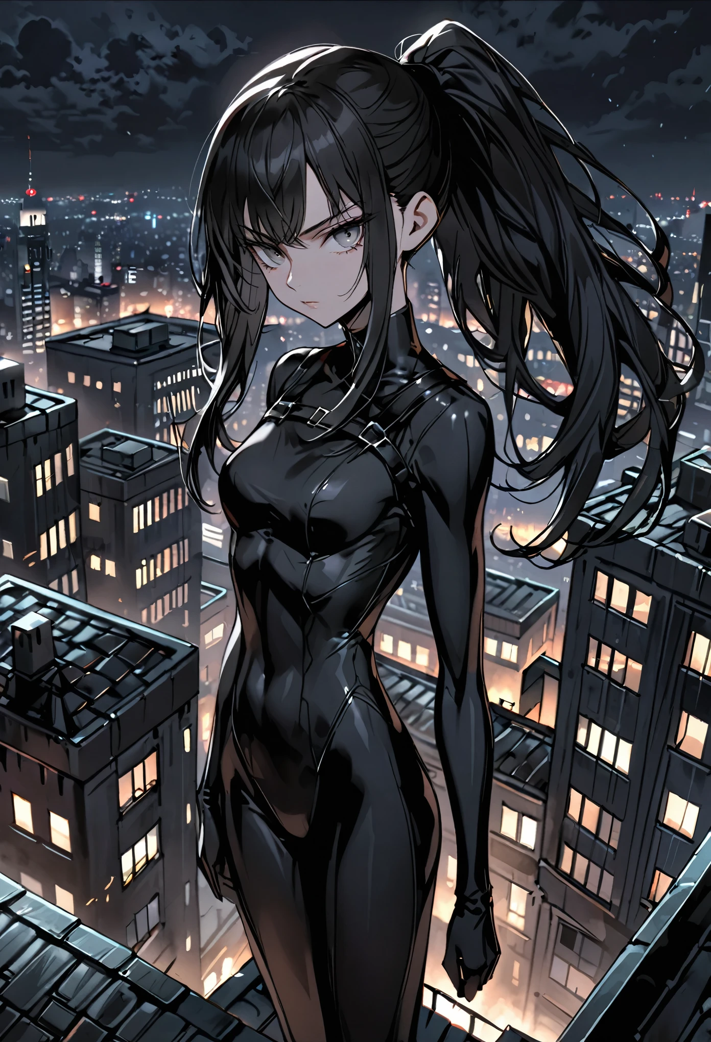 solo, female, sfw, medium shot, long hair, silky hair, straight hair, black hair, grey eyes, black bodysuit, thief, slender, fit, serious, infiltrator, dark, night, city, rooftop, standing, ponytail, abs